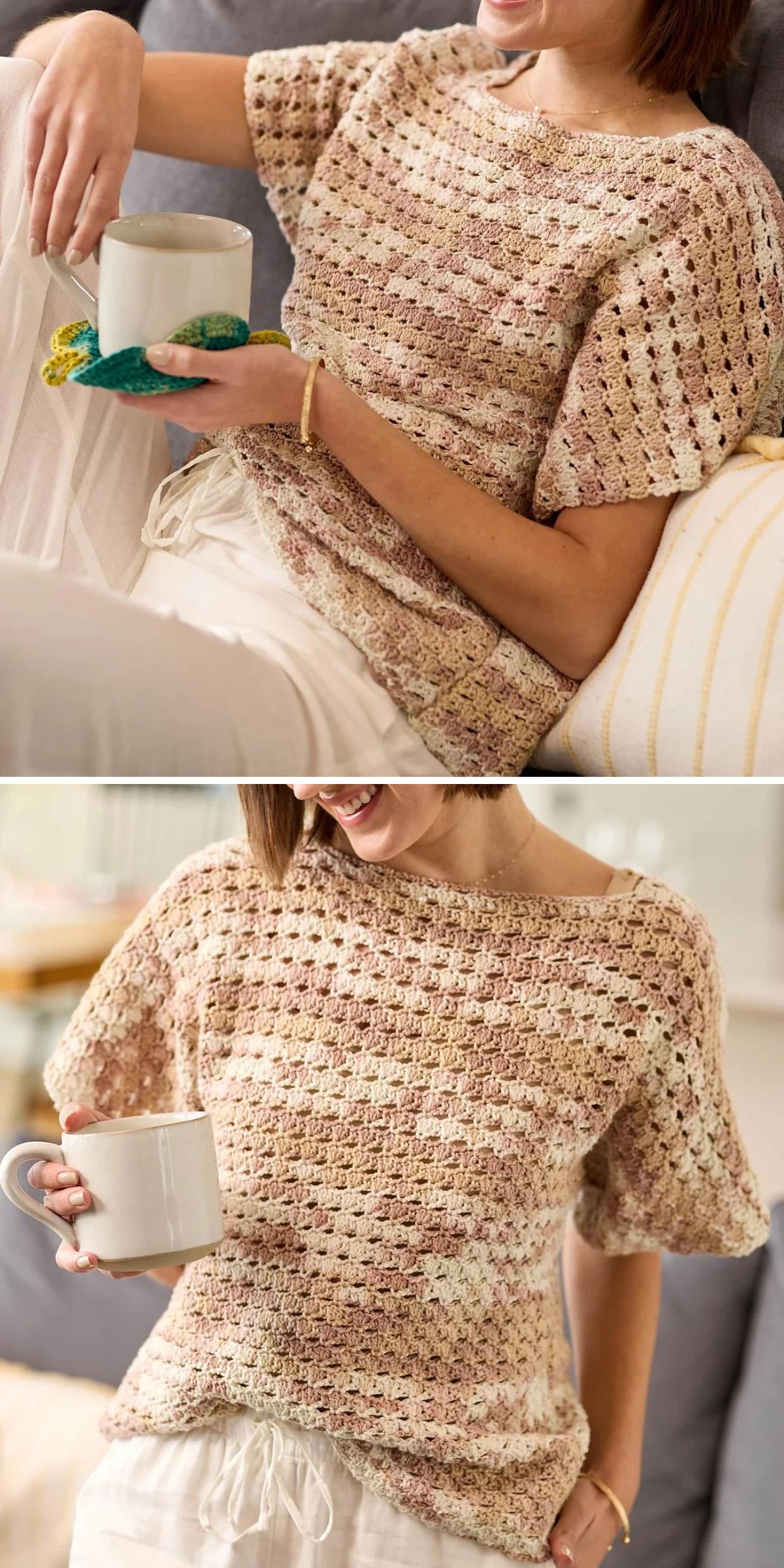 A woman wearing a beige crochet tee sits on a sofa, holding a teal crochet project in one image and a mug in the other, with a pillow in the background.