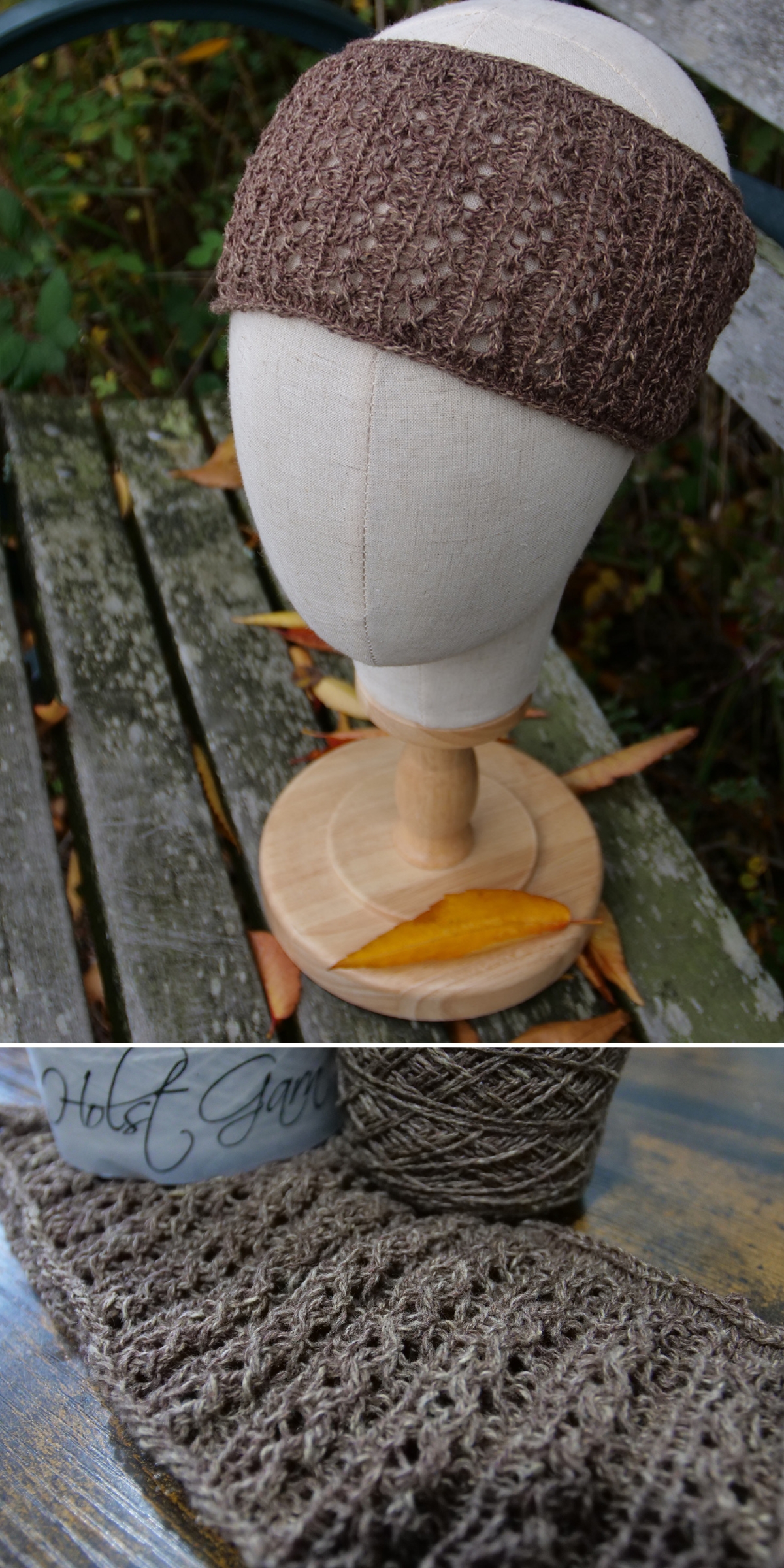 A beige mannequin displays a knitted brown headband on a wooden stand; below, brown yarn and a partially knitted headband rest on a weathered bench.