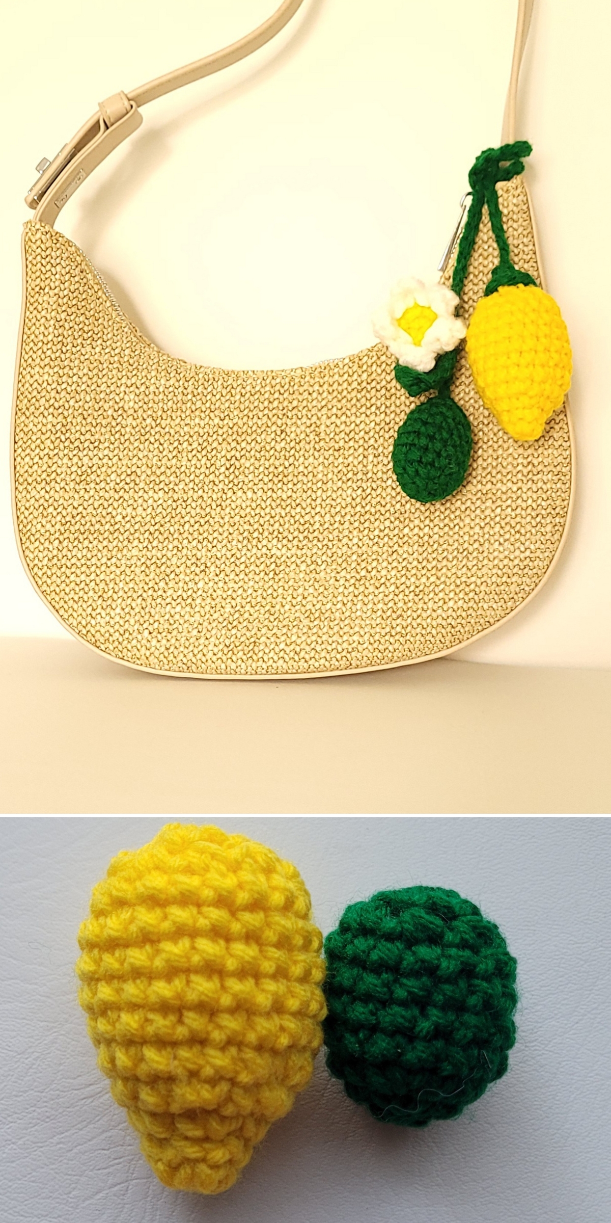 A beige woven handbag adorned with a crochet lemon, green leaf, and white flower charm, shown alongside separate crocheted lemon and leaf pieces below.