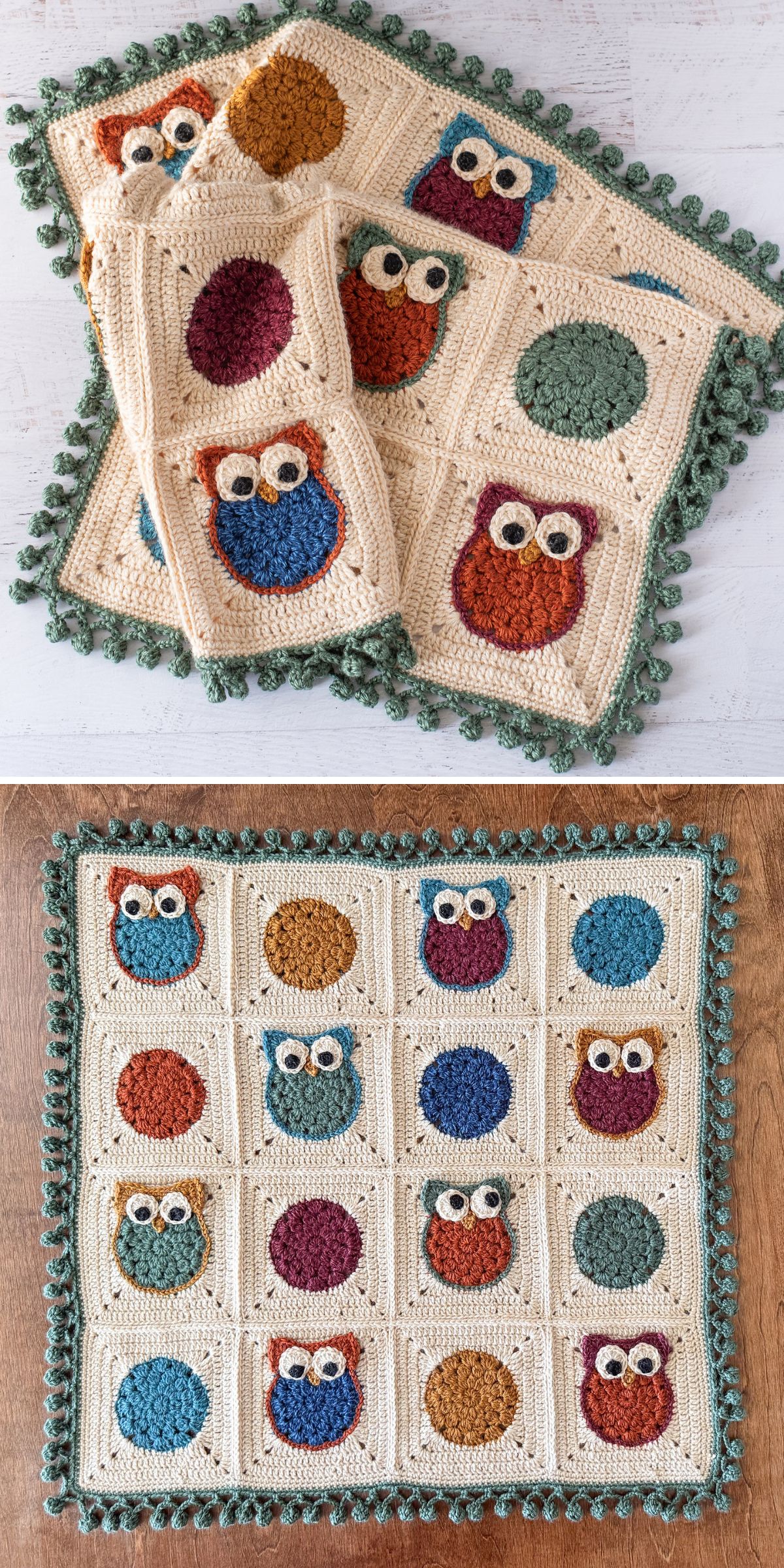 Crocheted blanket with square panels featuring colorful circles and charming owl faces, bordered with green edging, displayed folded and flat. Perfect for those who love crochet blankets, this design showcases delightful crochet animal square patterns that add a playful touch to any space.