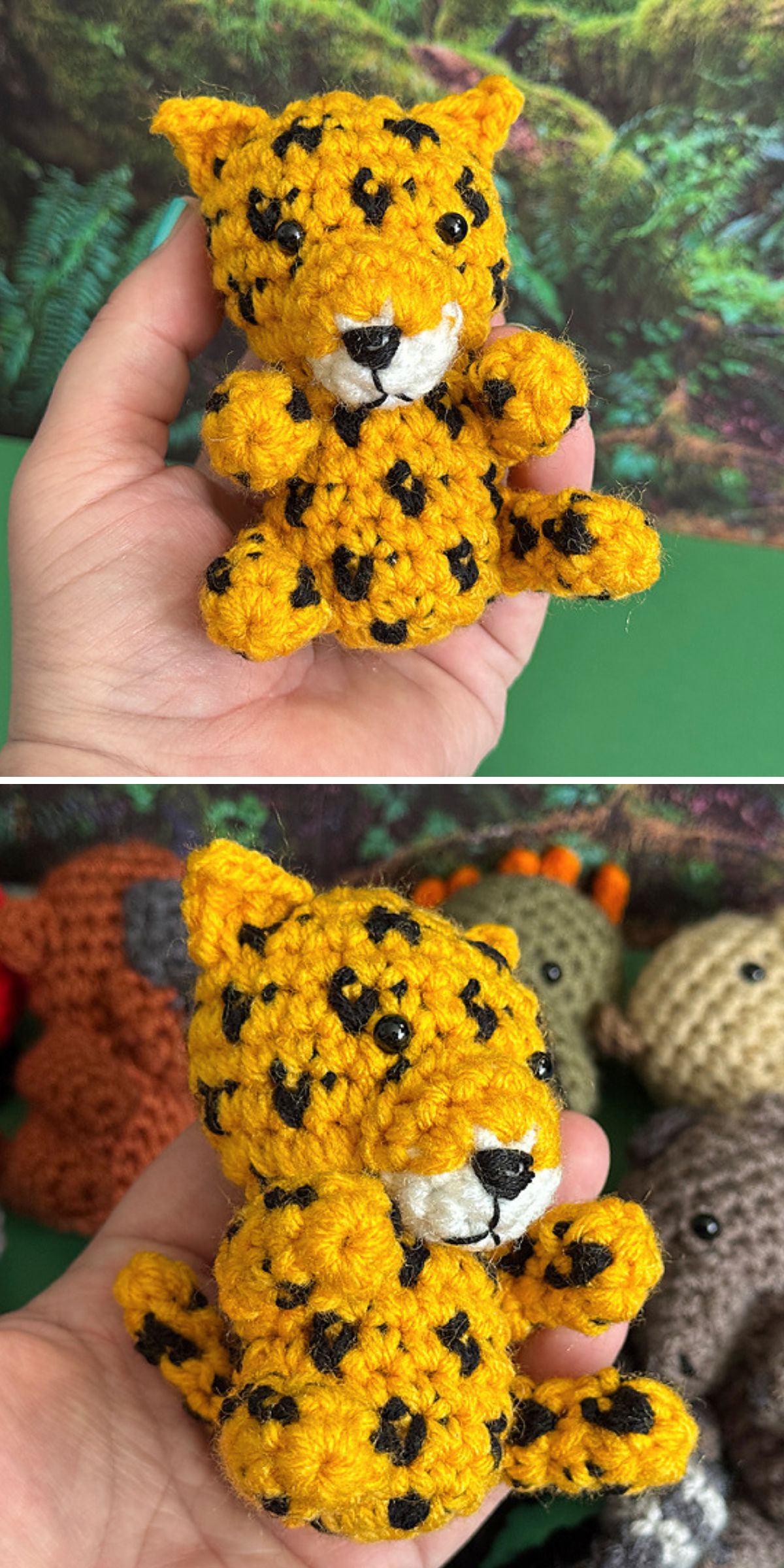 A hand holds a small crocheted yellow and black spotted leopard plush, a charming crochet animal. Other crocheted animal toys are blurred in the background.