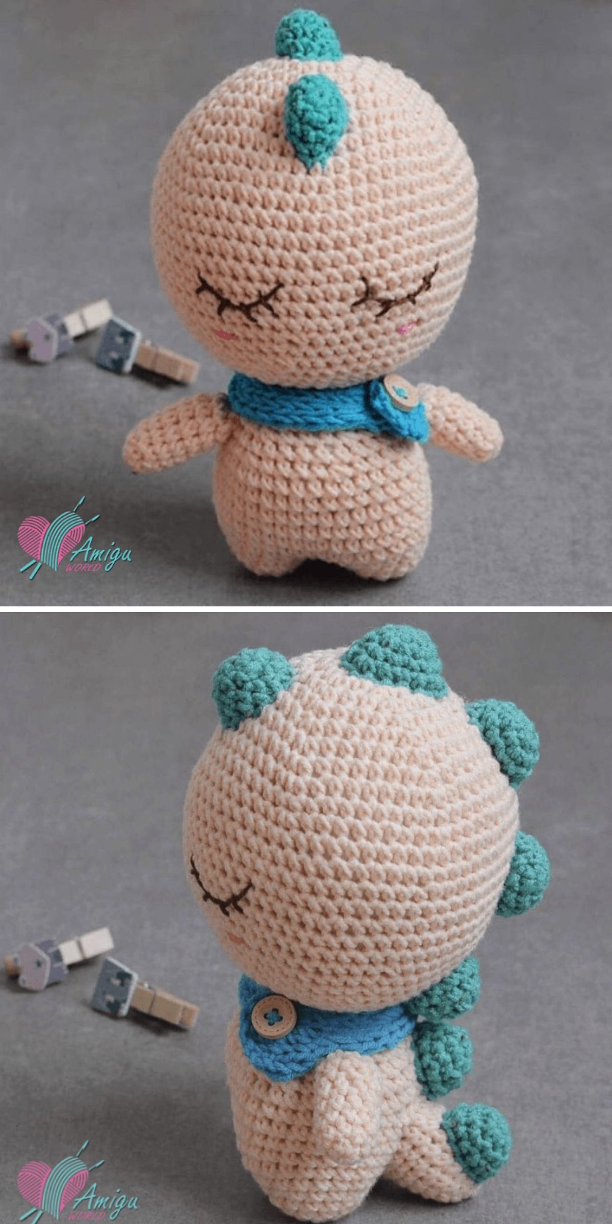 Crochet dinosaur plush toy with closed eyes, teal spikes, and a blue scarf, shown from front and side angles on a gray surface.