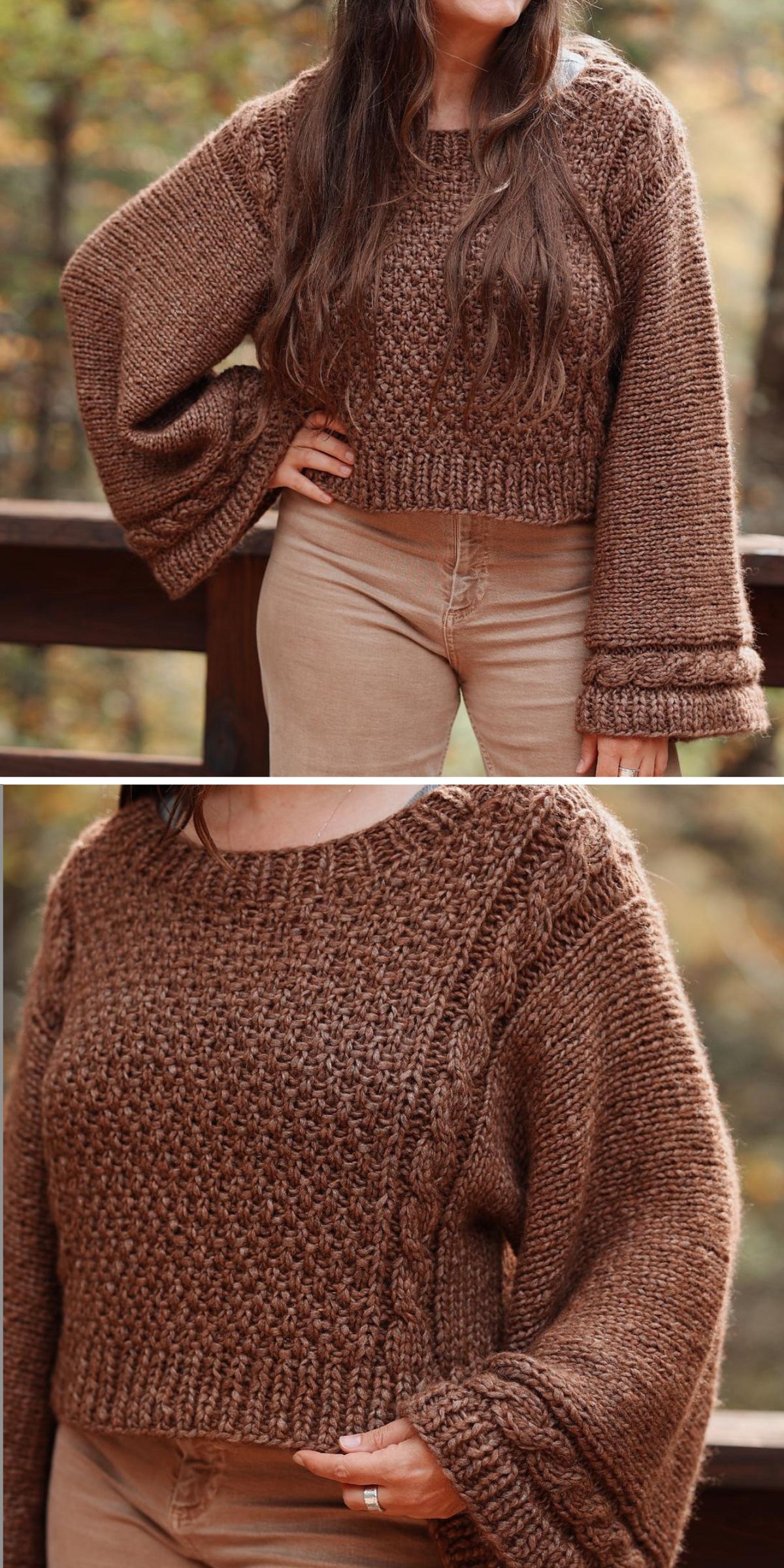 A person wearing a chunky brown knit sweater with textured patterns and wide sleeves, paired with tan pants, stands outdoors. The cozy knit sweater adds warmth and style to the relaxed outdoor look.
