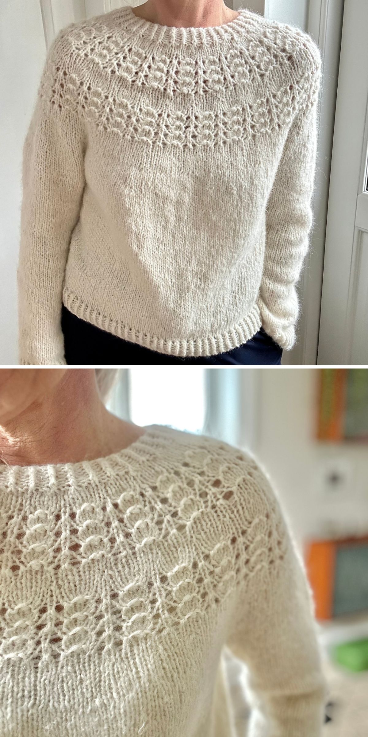 A person wearing a cream-colored knitted sweater with a decorative, lacy yoke pattern — an embodiment of timeless style inspired by classic knit sweater patterns — stands indoors near a door.