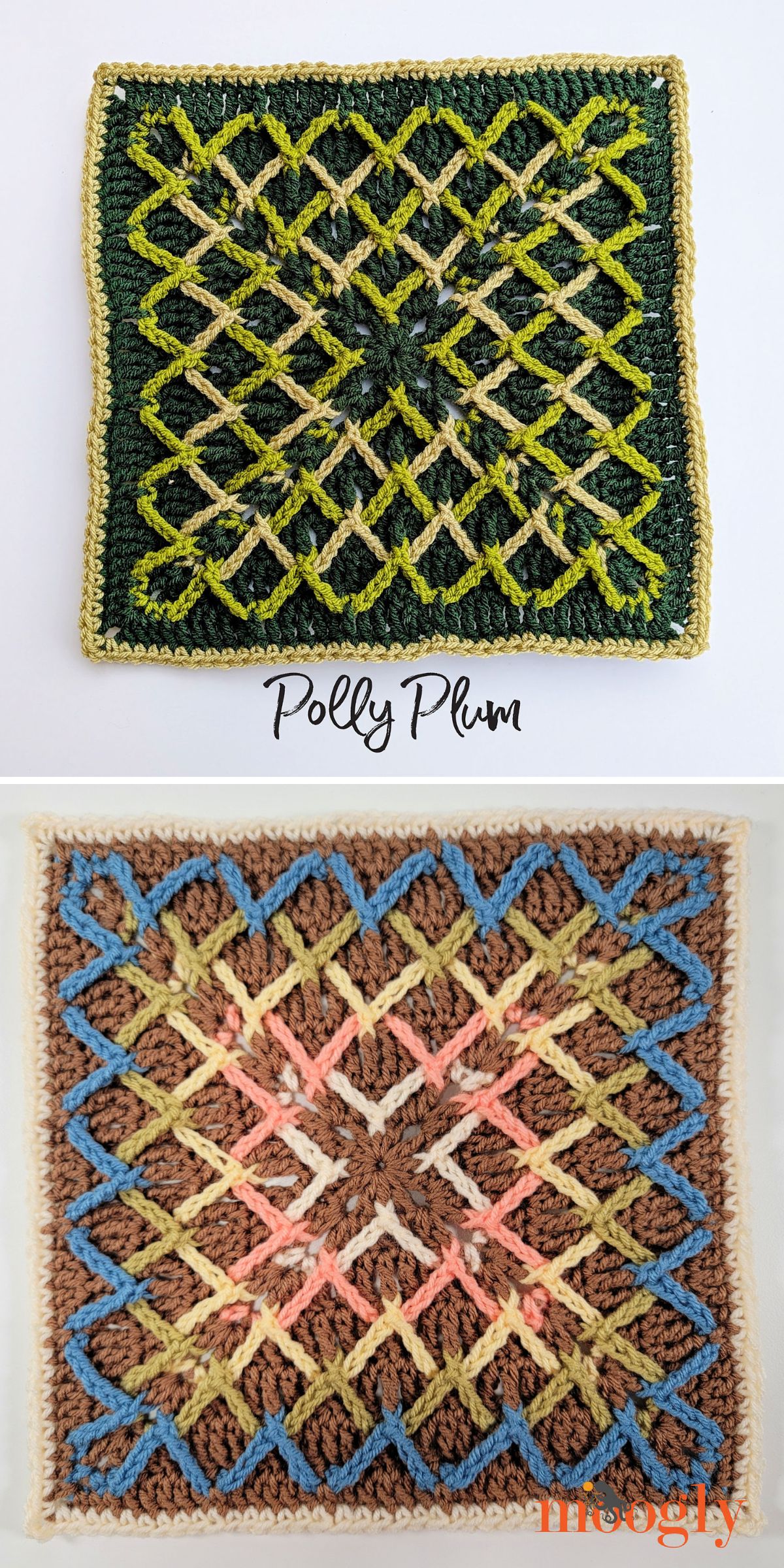 Two crocheted squares with interlocking diamond patterns — perfect as a crochet hot pad; the top is green and yellow, the bottom is brown, blue, and tan. “Polly Plum” and “moogly” are written below each, respectively.