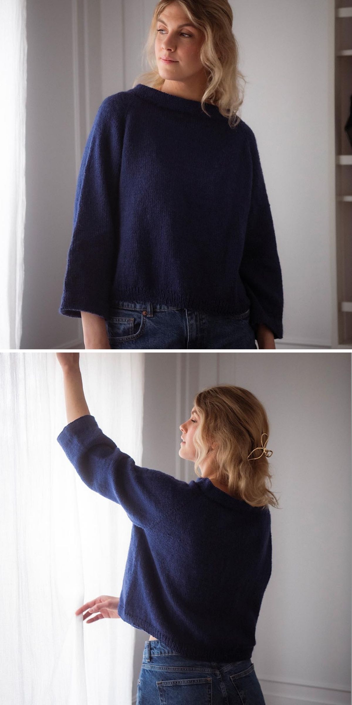 A woman wearing a loose-fitting dark blue knit sweater and jeans stands indoors, looking to the side in the first image and opening a white curtain in the second image.