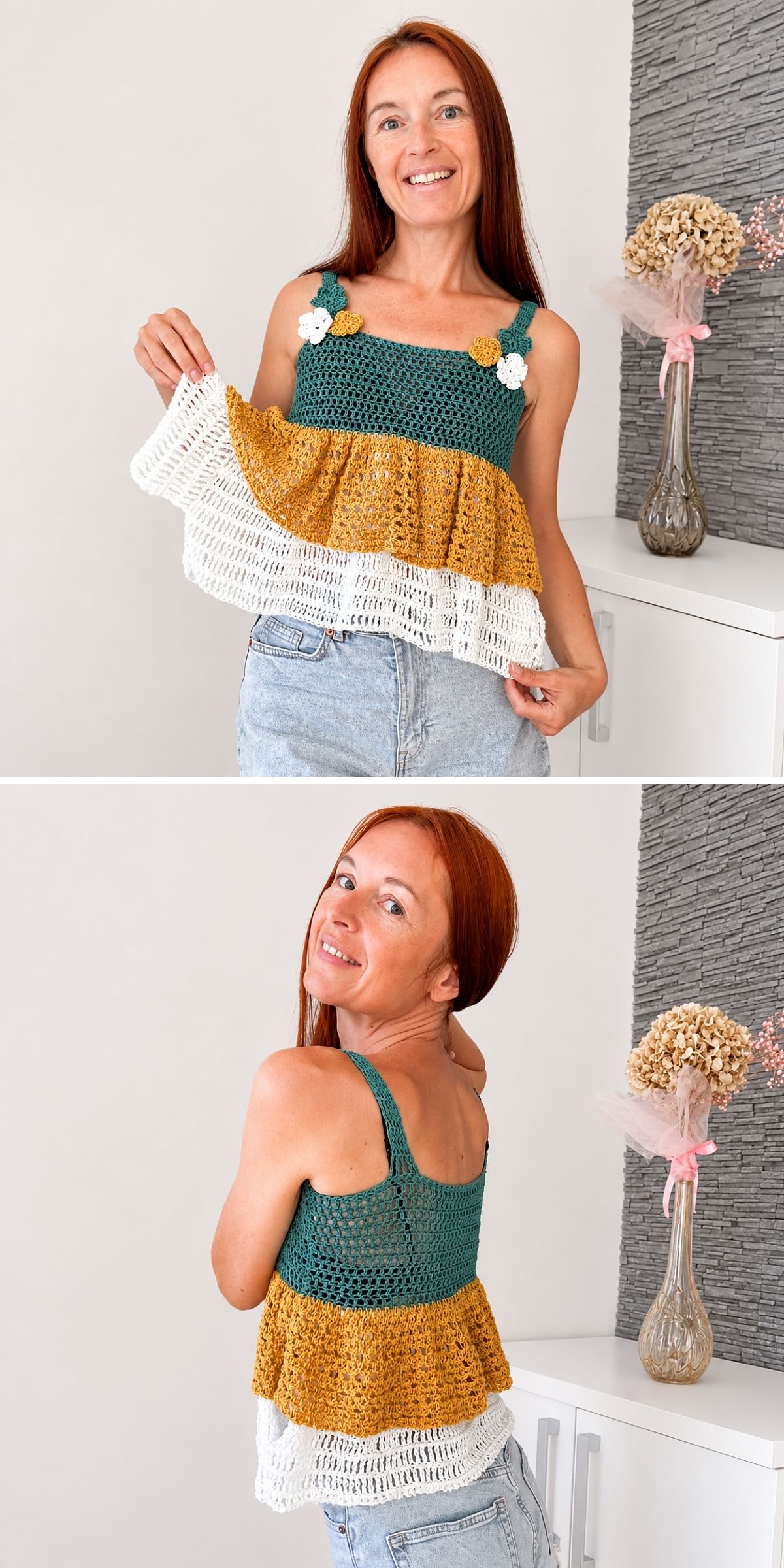 Woman wearing a sleeveless crochet tank top in a color-blocked design of green, mustard yellow, and white, posing in front of a white cabinet with a vase of dried flowers.