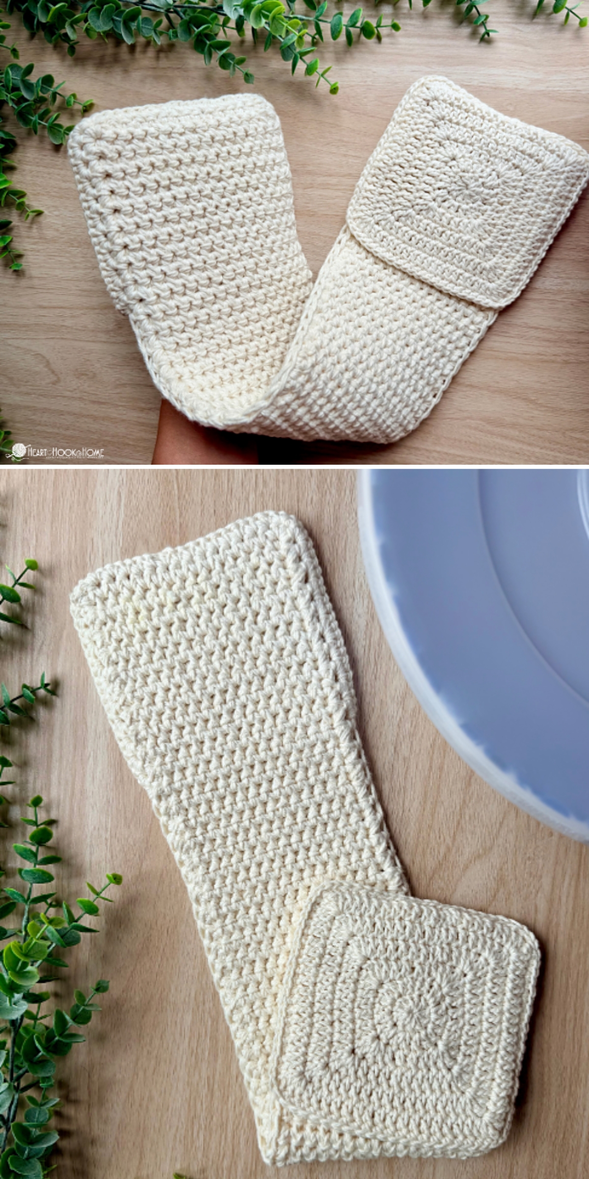 Two images show a handmade, cream-colored crocheted hot pad with a square ends connected together, laid on a wooden surface next to green foliage.