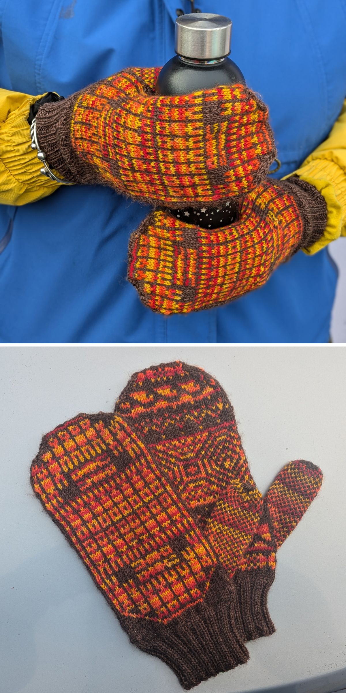 Two images: The first shows hands in orange, yellow, and brown patterned knitted mittens holding a metal bottle; the second shows the knitted mittens laid flat to display their design.