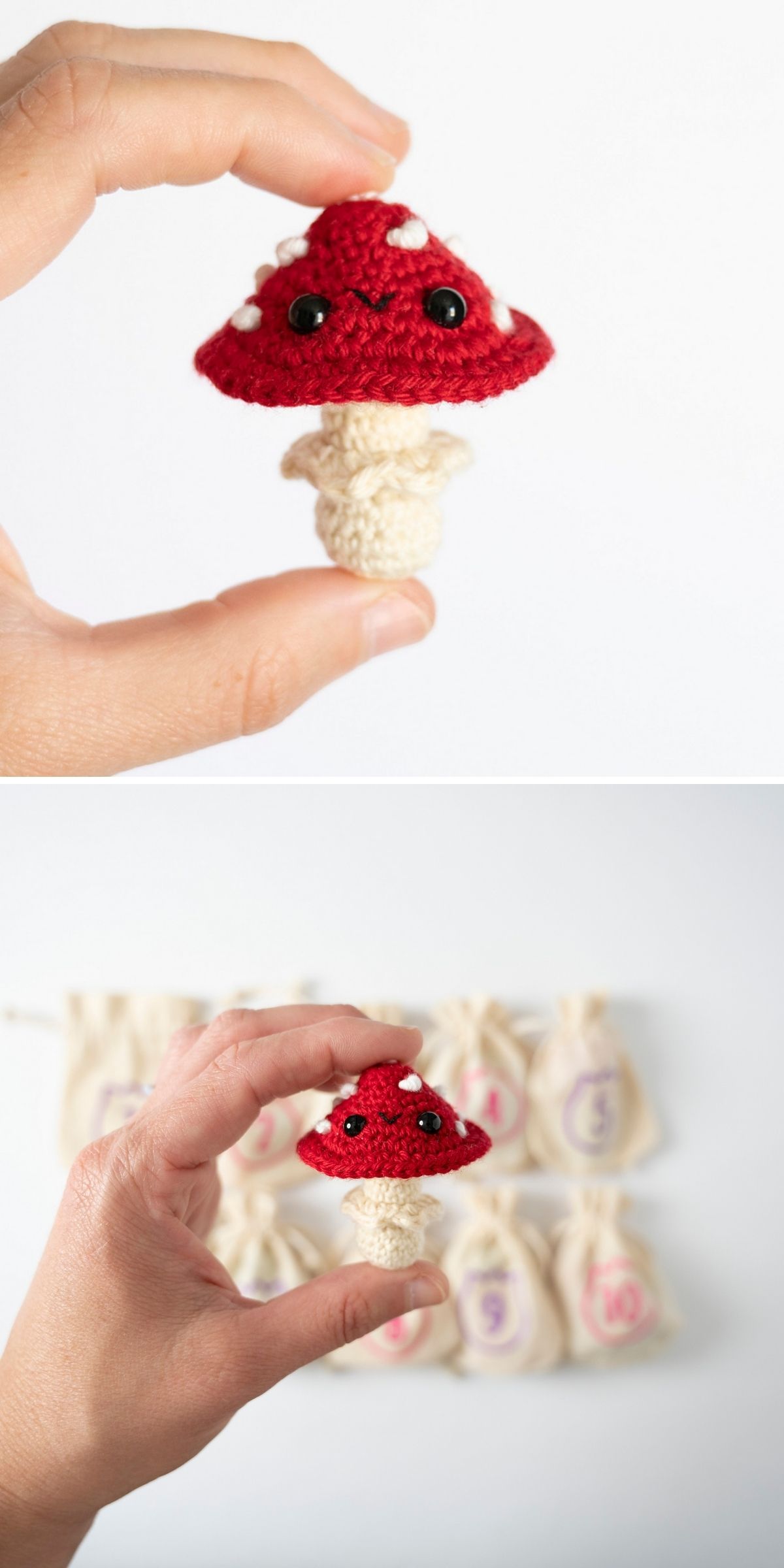 A hand holds a small mushroom crochet creation with a red cap and white spots; background includes blurred drawstring bags.