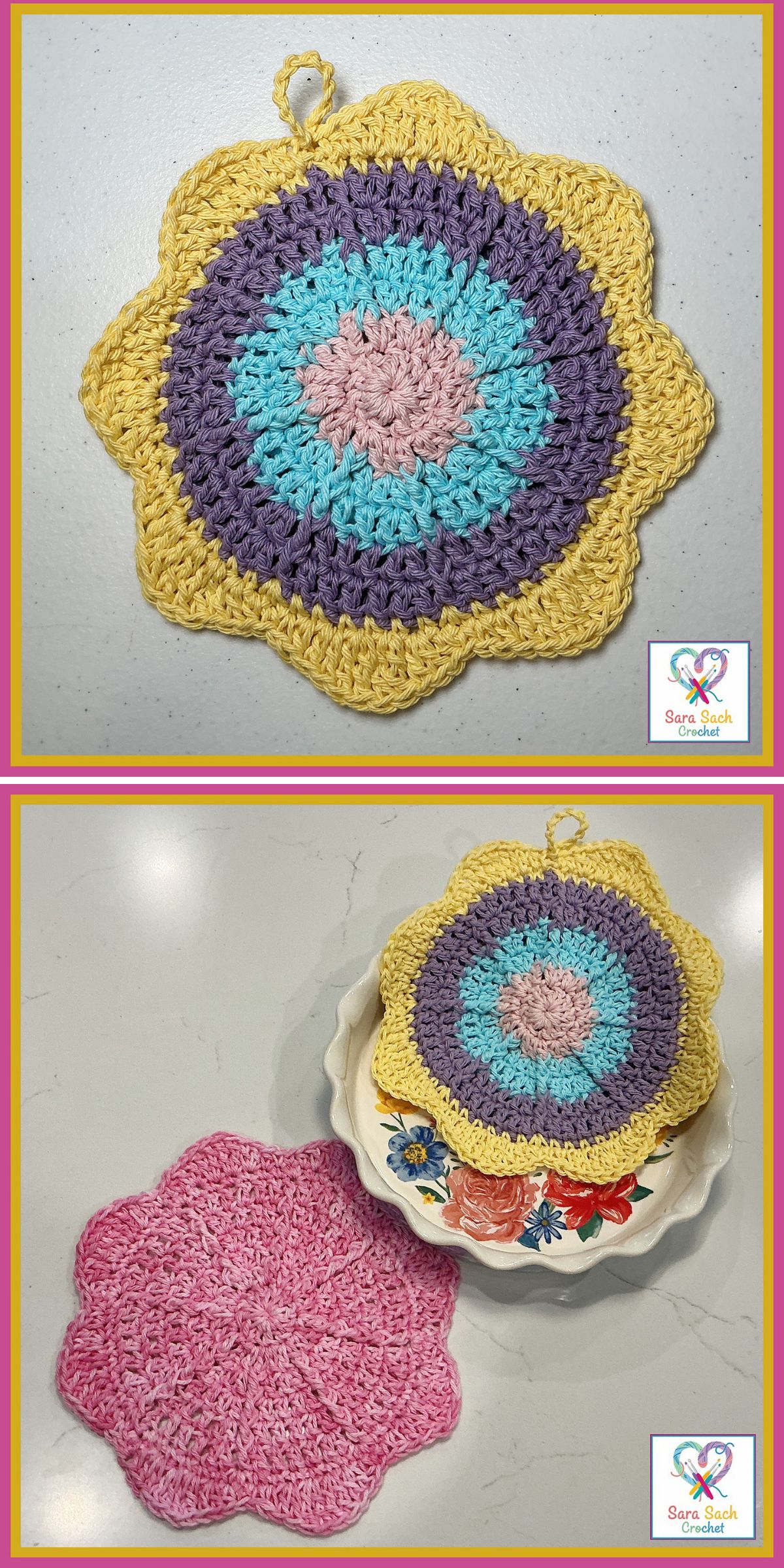 Two crocheted round pot holders — one in cheerful yellow, purple, blue, and pink stripes, the other a solid pink — are displayed on a table alongside a floral plate and the “Sara Sach” logo. These vibrant hot pad patterns are perfect for adding color to your kitchen and make great examples for anyone searching for unique crochet hot pad patterns.
