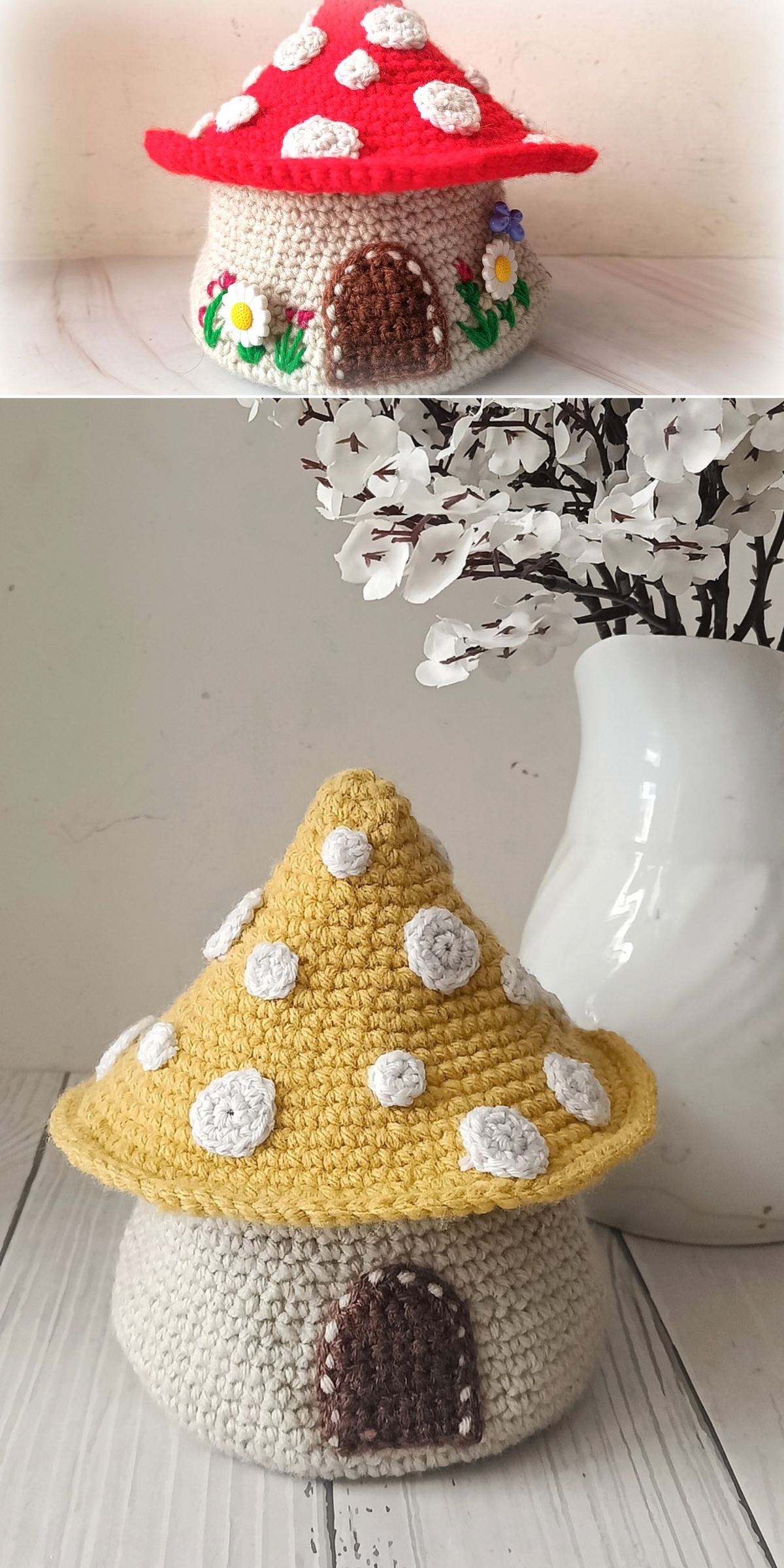 Two crochet mushroom houses, one with a red cap and one with a yellow cap, both featuring white spots and brown doors, are displayed on light surfaces; a vase with white flowers is in the background.
