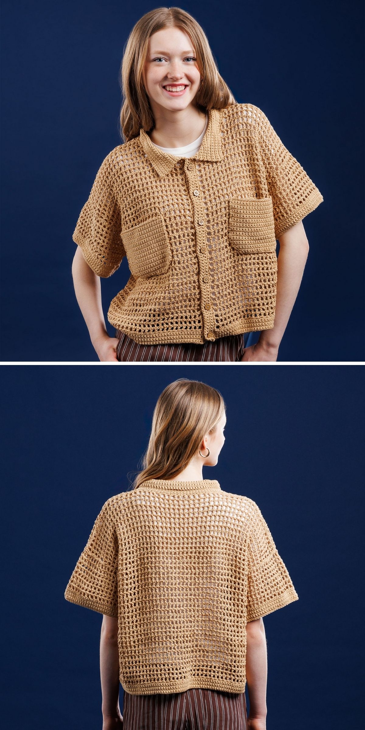 A person wearing a short-sleeved, tan crochet button-up shirt with front pockets, shown from the front and back against a dark blue background.