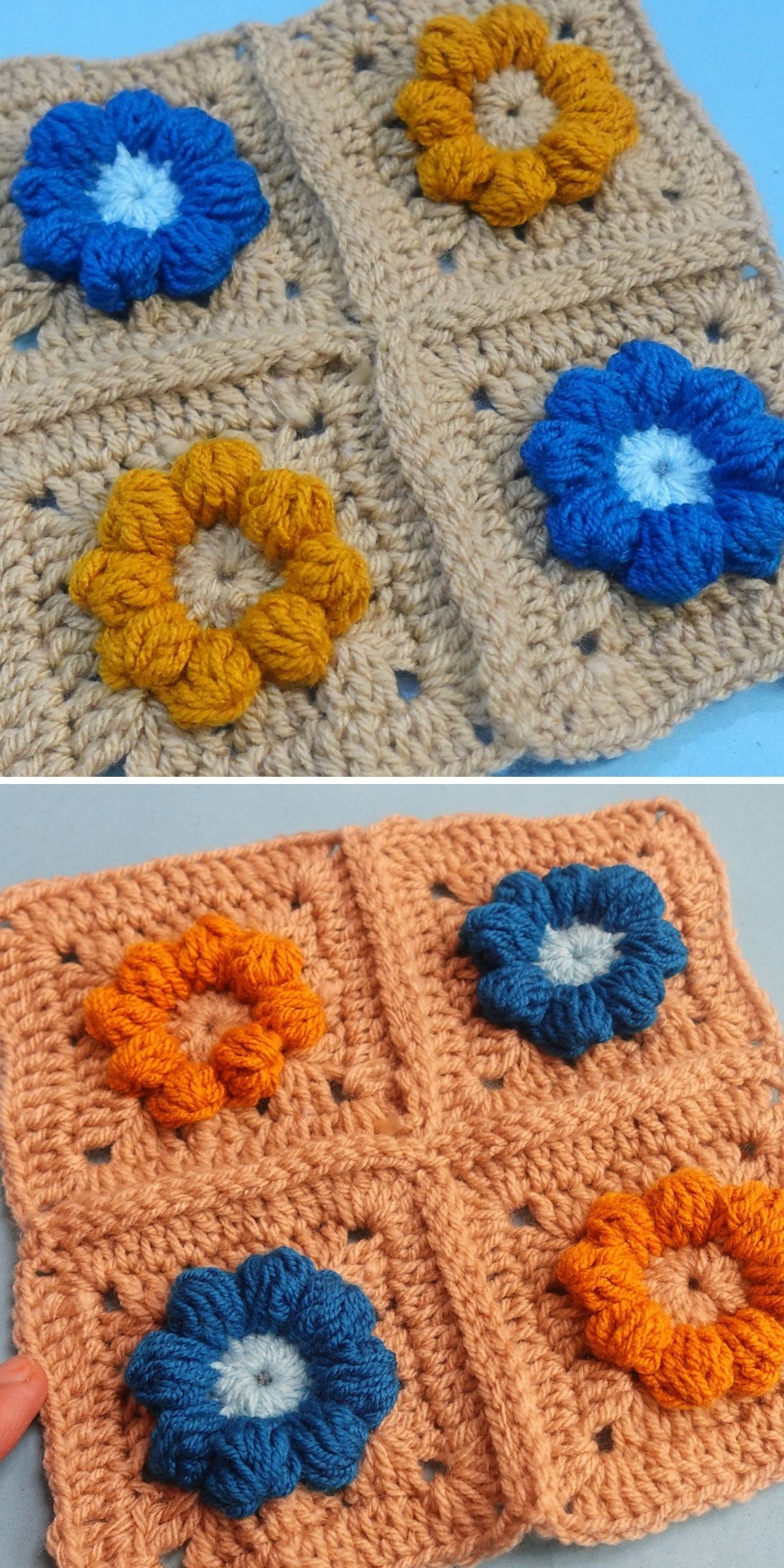 Two crochet granny squares, each featuring four 3D flowers in the center, showcase unique color combinations of yarn for both the flowers and backgrounds. These beautifully detailed squares are perfect for incorporating into a vibrant crochet flower blanket.