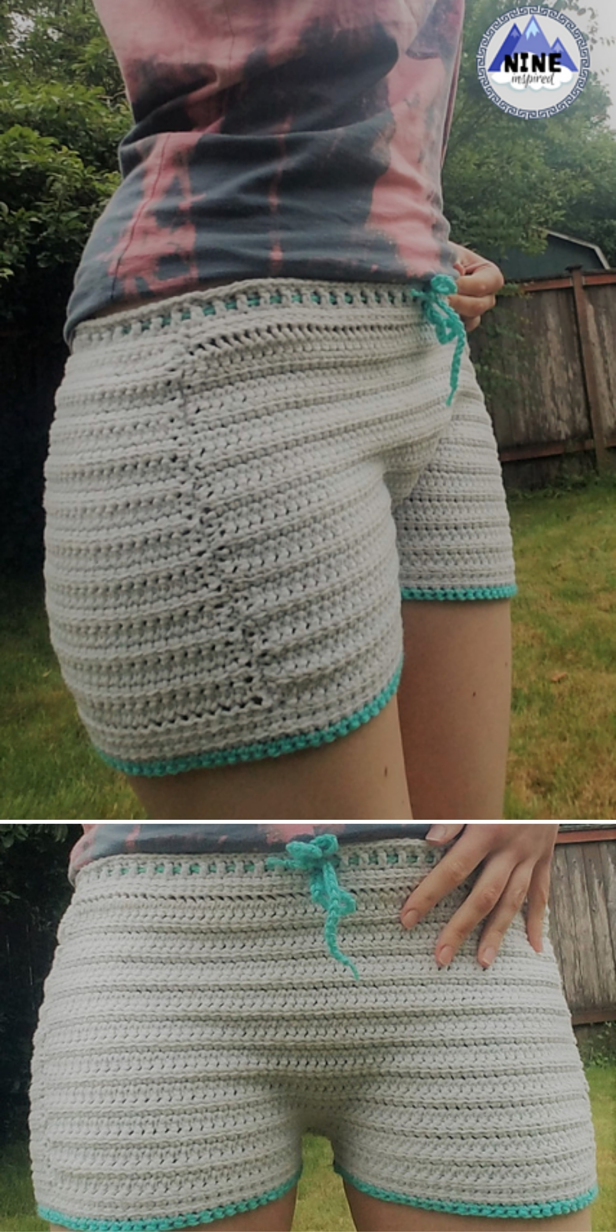 Person wearing light gray crochet shorts with turquoise trim and drawstring, standing outdoors on grass, with a wooden fence and trees in the background.