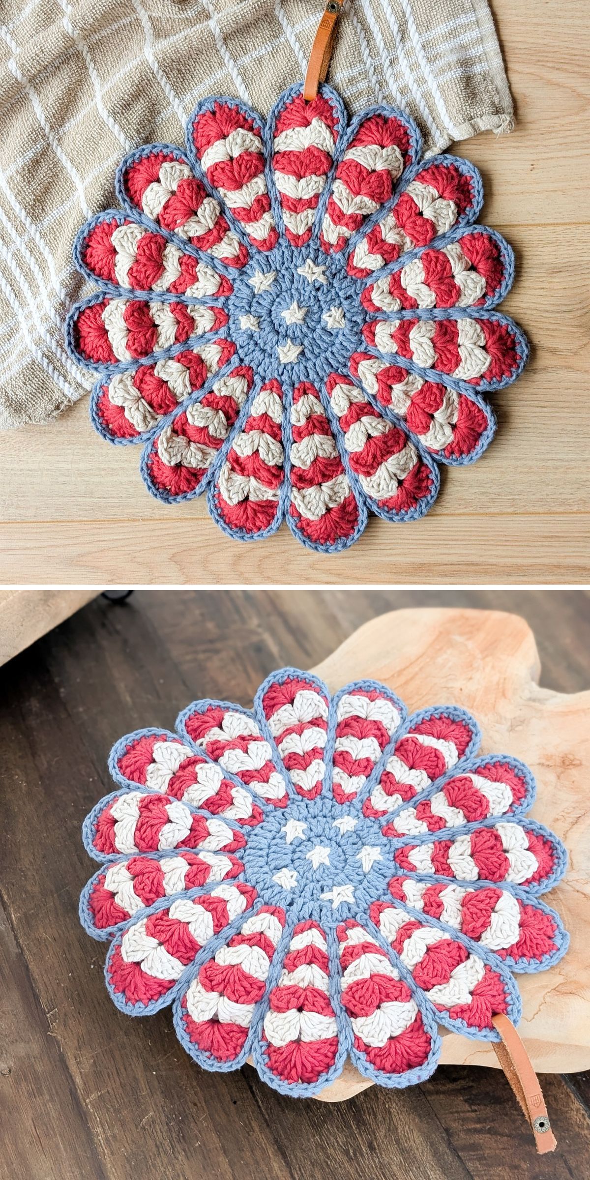 Crocheted round trivet with petal-like sections in red, white, and blue yarn, featuring a loop handle — this vibrant crochet hot pad is displayed on a wooden surface.