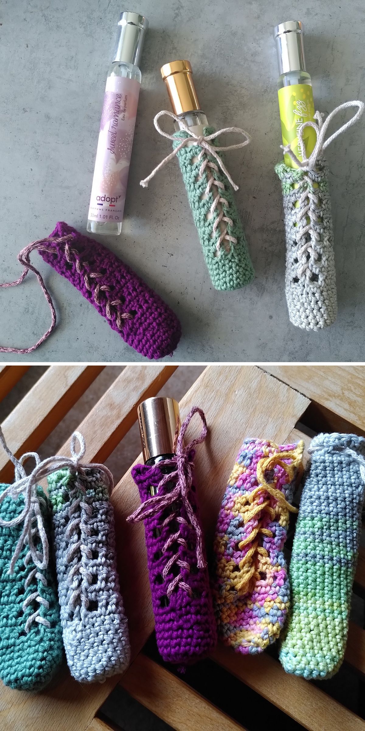 Handmade crochet cozy holders with lace-up fronts encase perfume spray bottles; some bottles are shown nestled inside the cozies, while others are displayed next to them.