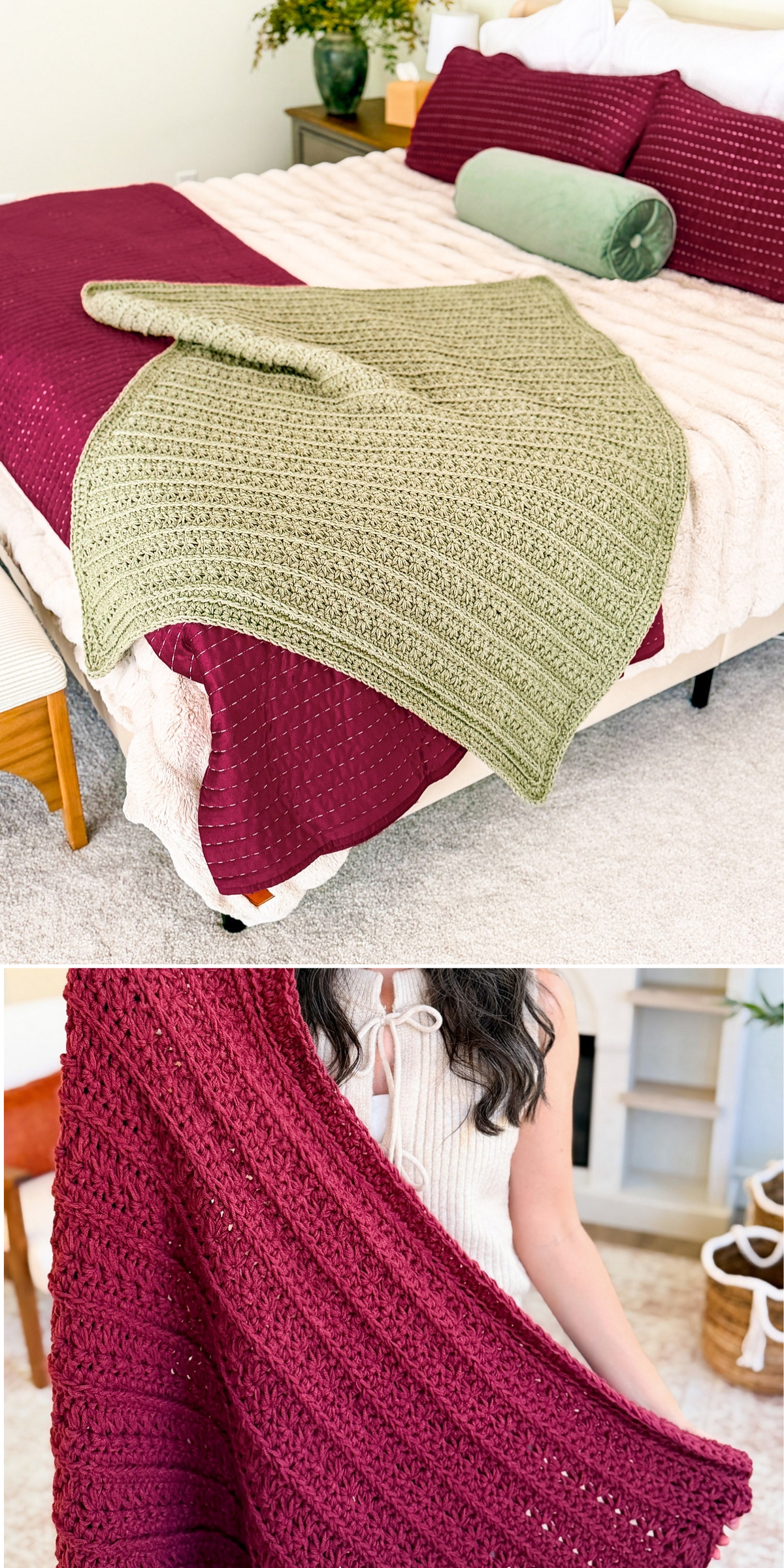 Two crochet blankets, including a cozy crochet chunky blanket in green, are shown; the green blanket is spread on a bed, while the red blanket is held by a person standing in a room.