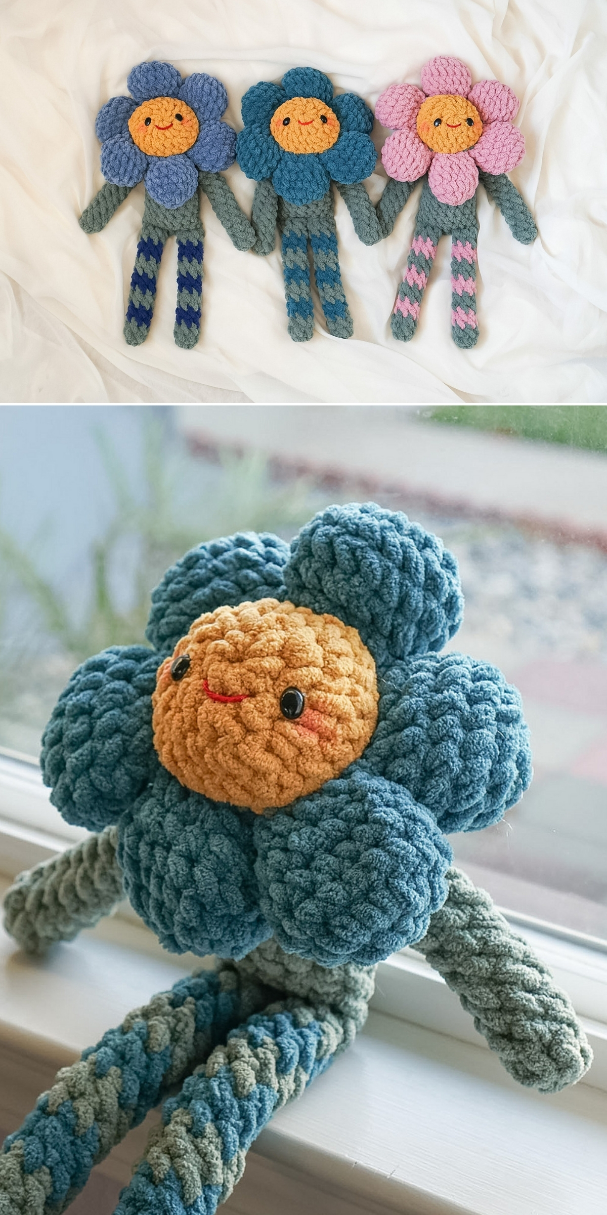 Three plush flower dolls with smiling faces and braided legs, crafted in a charming crochet doll style, plus a close-up of one blue and yellow flower doll sitting on a white surface.