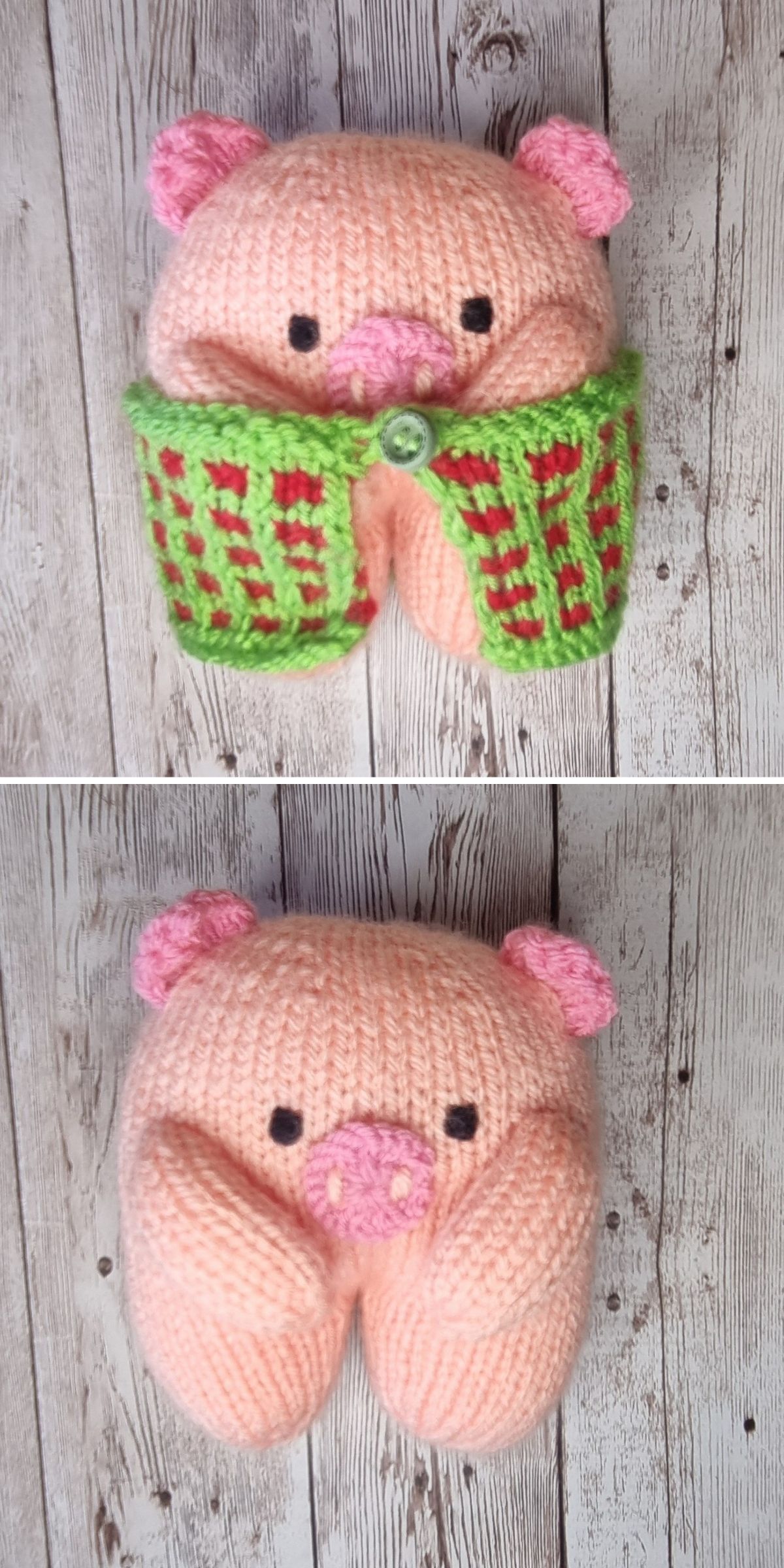 Knitted pink pig knit toy plush with a green sweater in the first image and without the sweater in the second, placed on a wooden surface.