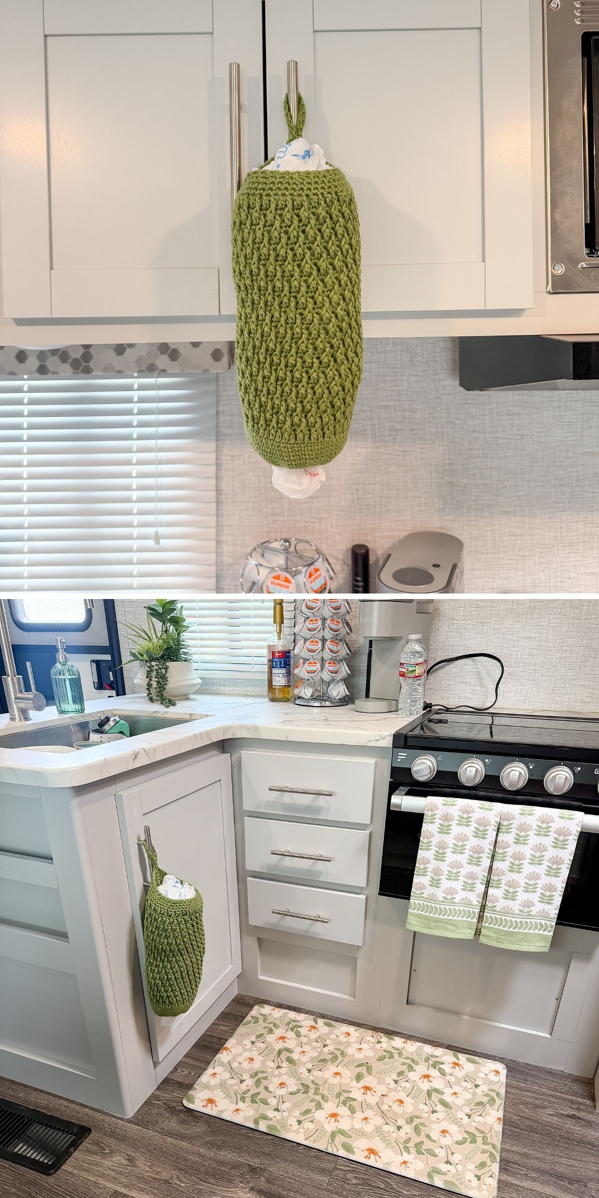 A green crochet bag, resembling a crochet cozy and containing plastic bags, hangs from a white cabinet in a kitchen with white cabinets, a stove, and patterned towels.