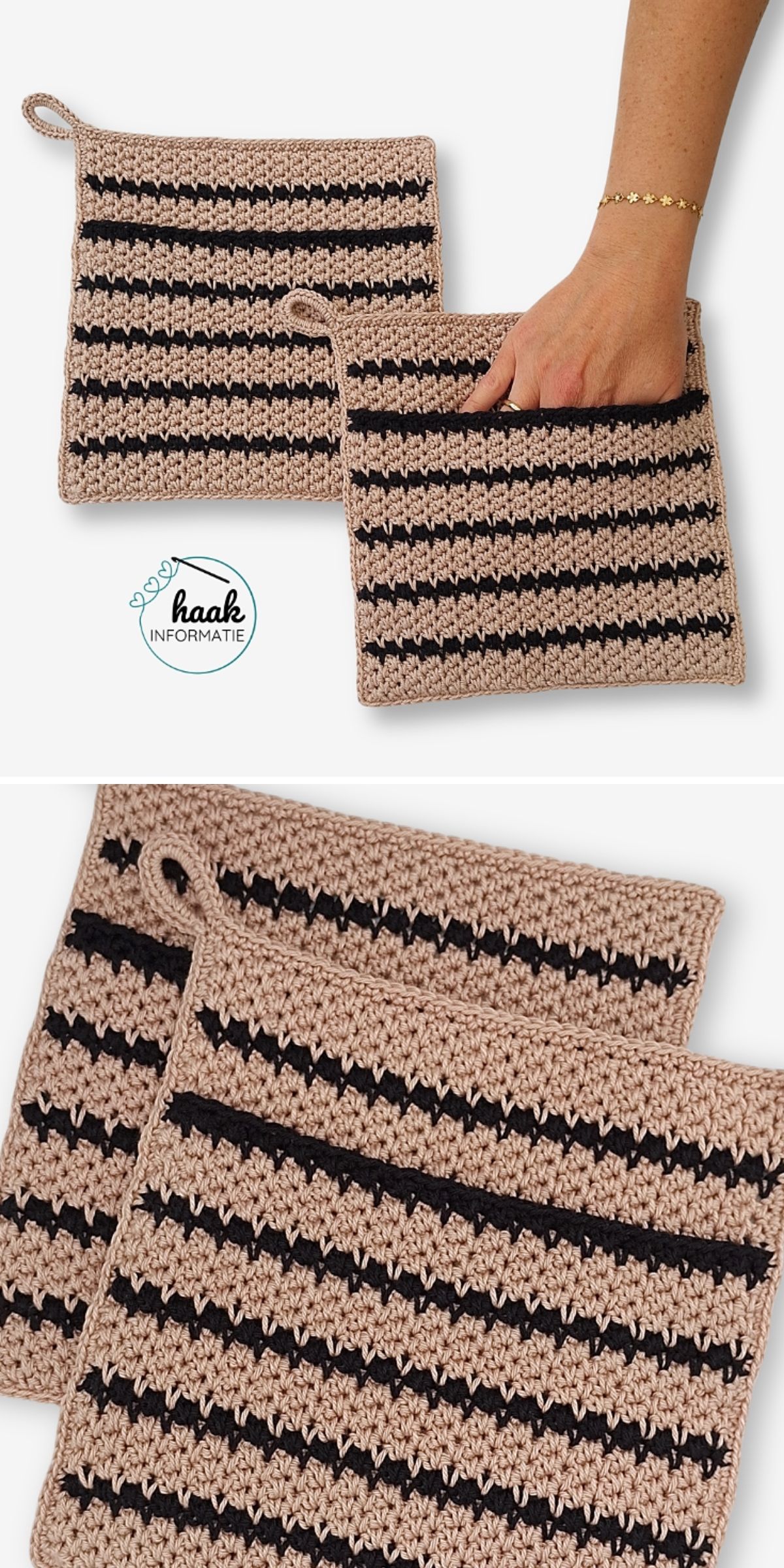 Two crocheted square pot holders with beige and black stripes, one held by a hand, displayed on a white background—perfect as stylish crochet hot pads for your kitchen.
