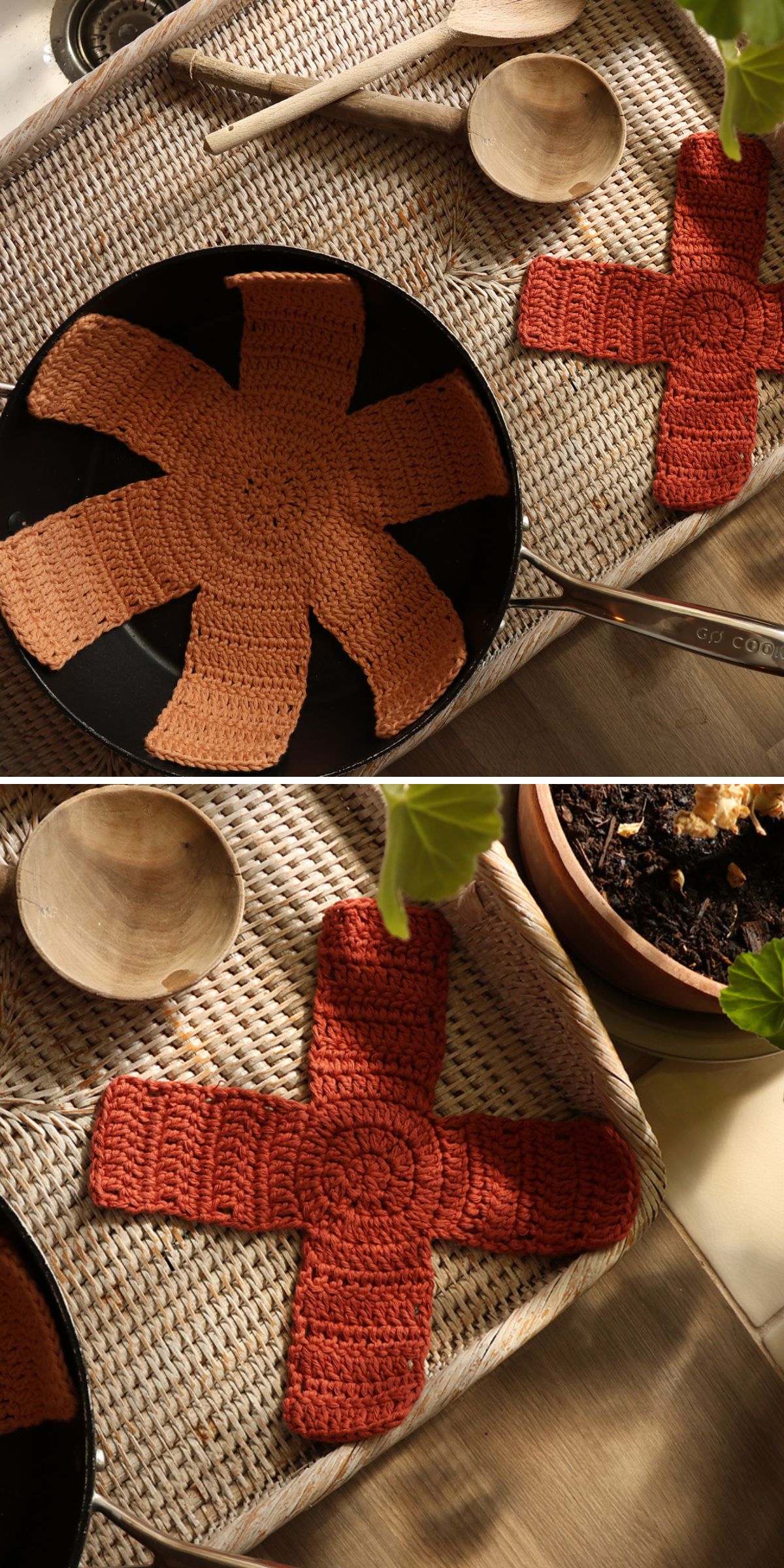 Two photos show orange crocheted pan protectors shaped like asterisk symbols—one in a frying pan, and one on a woven placemat near a plant and wooden utensils, adding crochet cozy charm to your kitchen essentials.