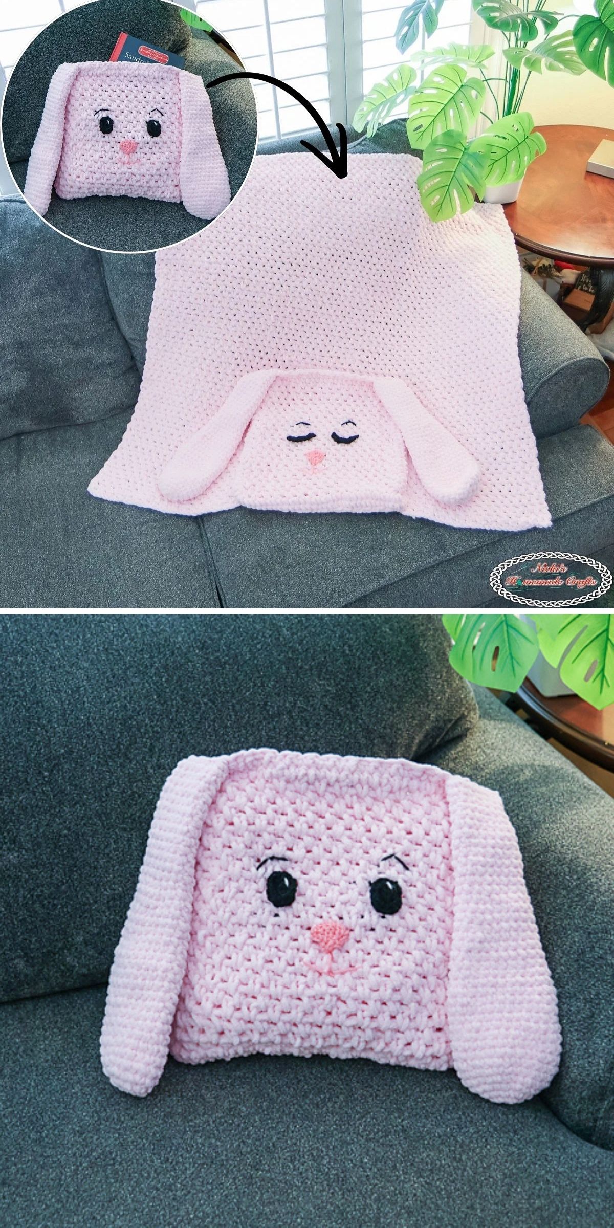 A pink crochet blanket with a bunny face and floppy ears folds into a crochet animal square pillow, shown open on a couch and folded into a neat square.