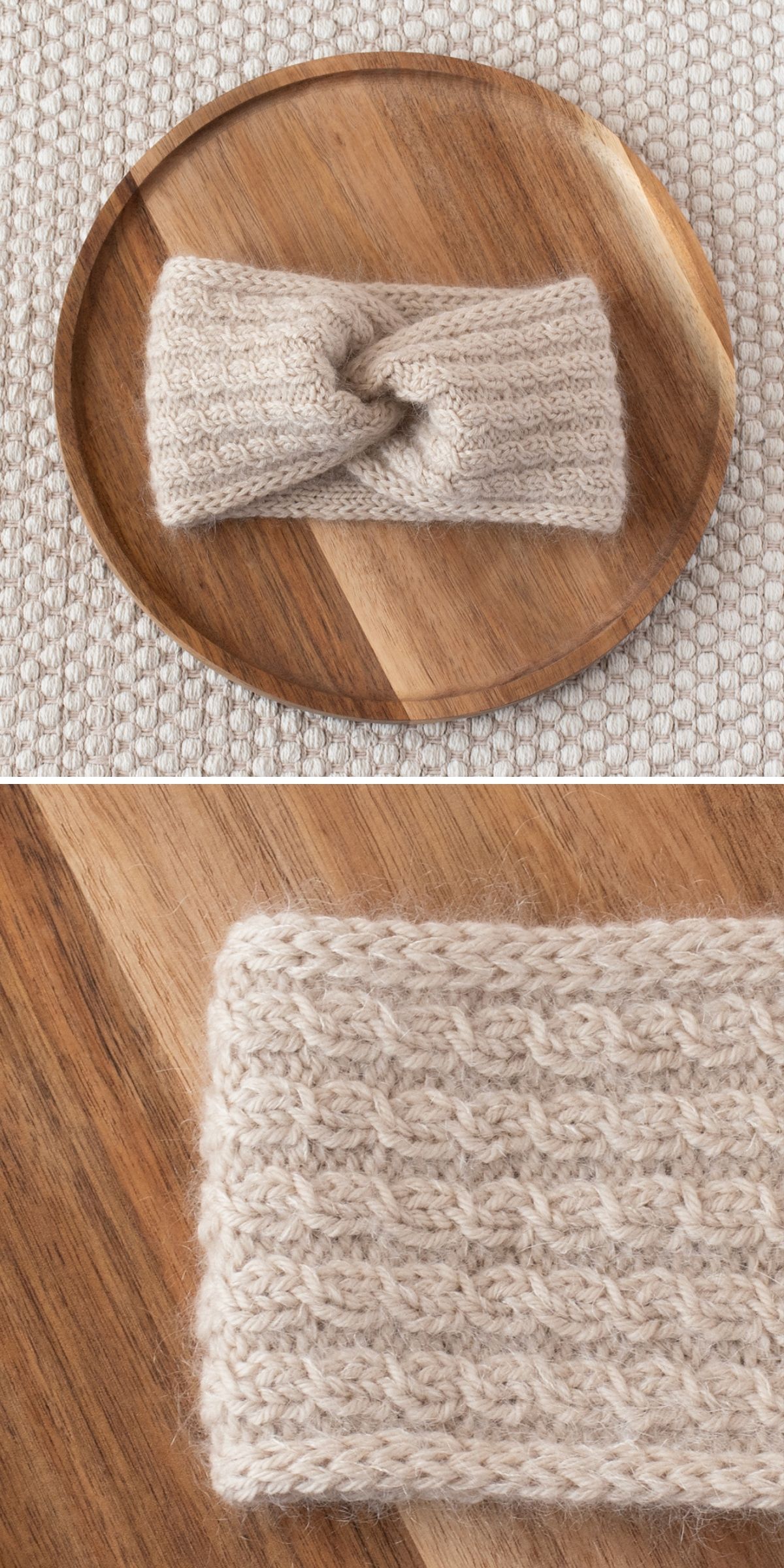 A beige knitted headband with a twisted knot in the center, displayed on a round wooden plate atop a textured fabric surface. The close-up highlights the detailed knit pattern of this stylish knitted headband.