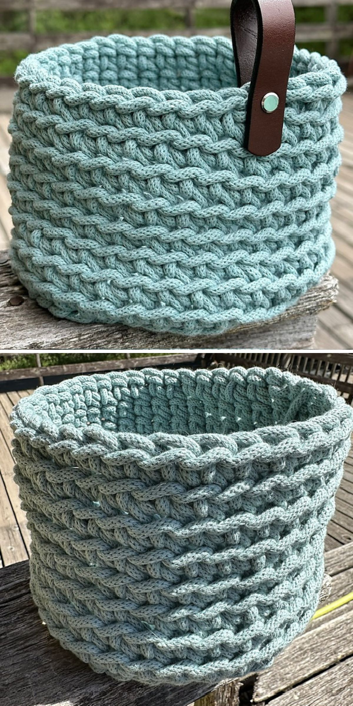 A light blue crochet basket with textured, chunky stitches. The top image shows a brown leather handle attached with a metal rivet; the bottom image shows the basket without the handle.