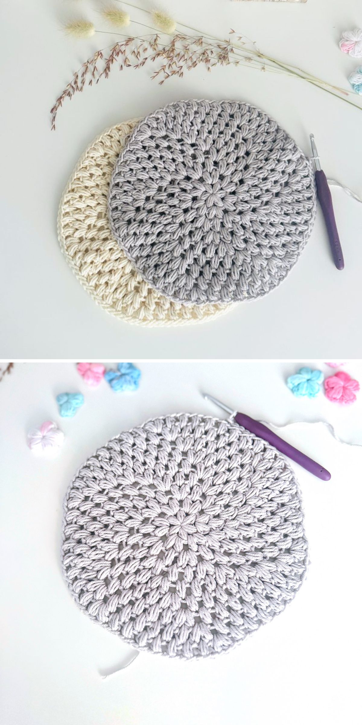 Two crocheted round pieces, one beige and one gray, lie on a white surface next to a crochet hook, with dried flowers and pastel decorations in the background — an inviting scene for anyone looking to explore new crochet hot pad patterns.