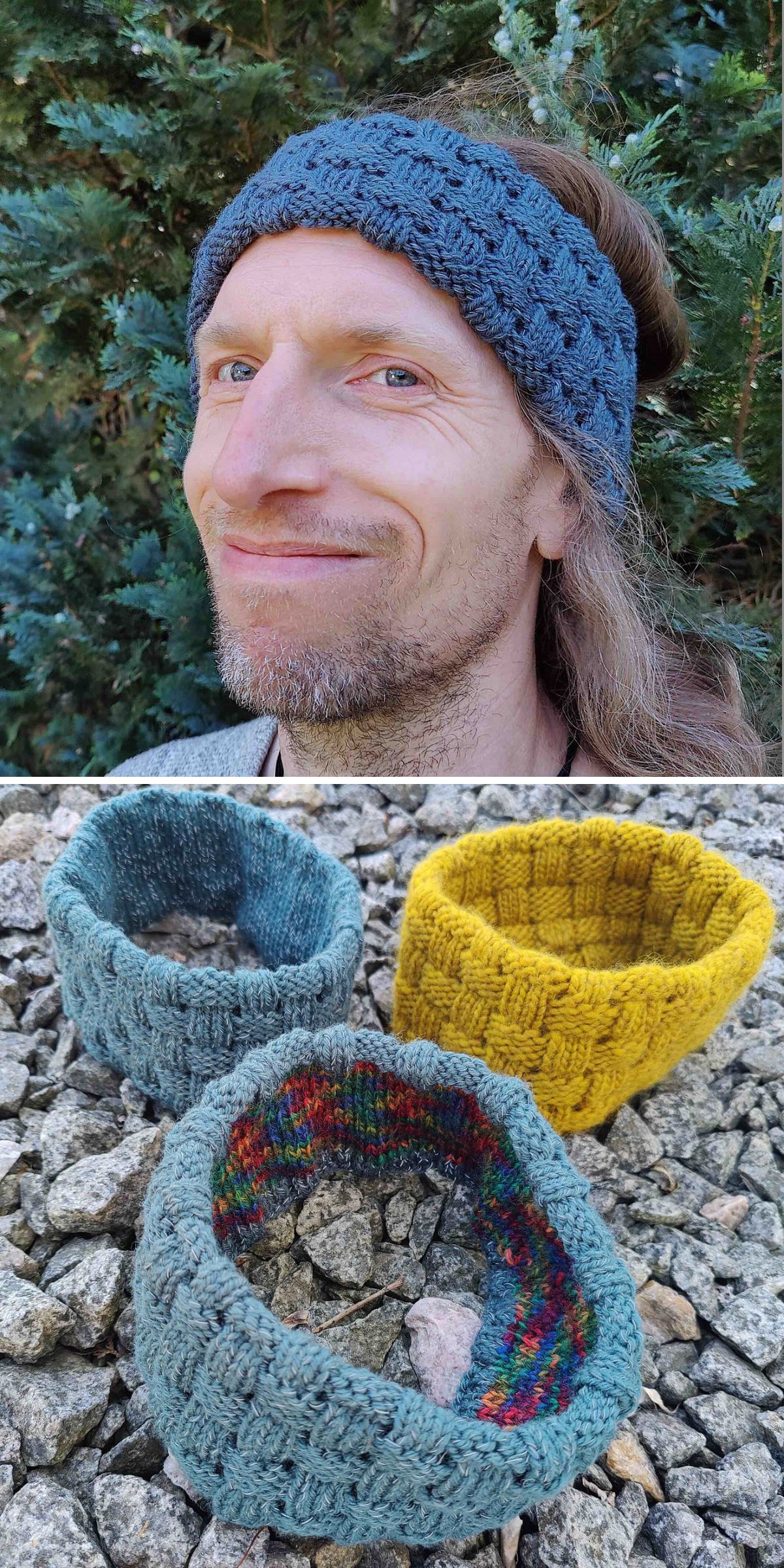 Top: Person wearing a cozy knitted headband outdoors. Bottom: Three stylish knitted headbands in blue, yellow, and multicolor beautifully displayed on rocks.