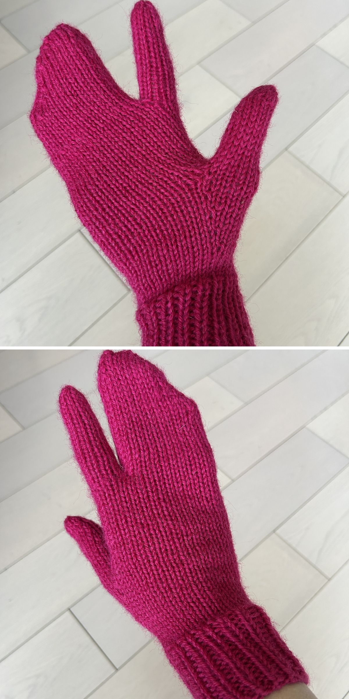 A red knitted mitten with a separate section for the index finger, shown from both sides against a light-colored tile background.