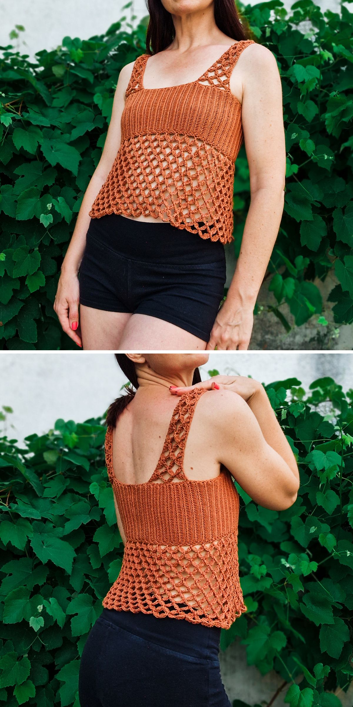 A person modeling a brown crochet tank top with square neckline and black shorts, standing in front of leafy green bushes, showcases the delicate texture and stylish design of the crochet tank top amidst a natural backdrop.