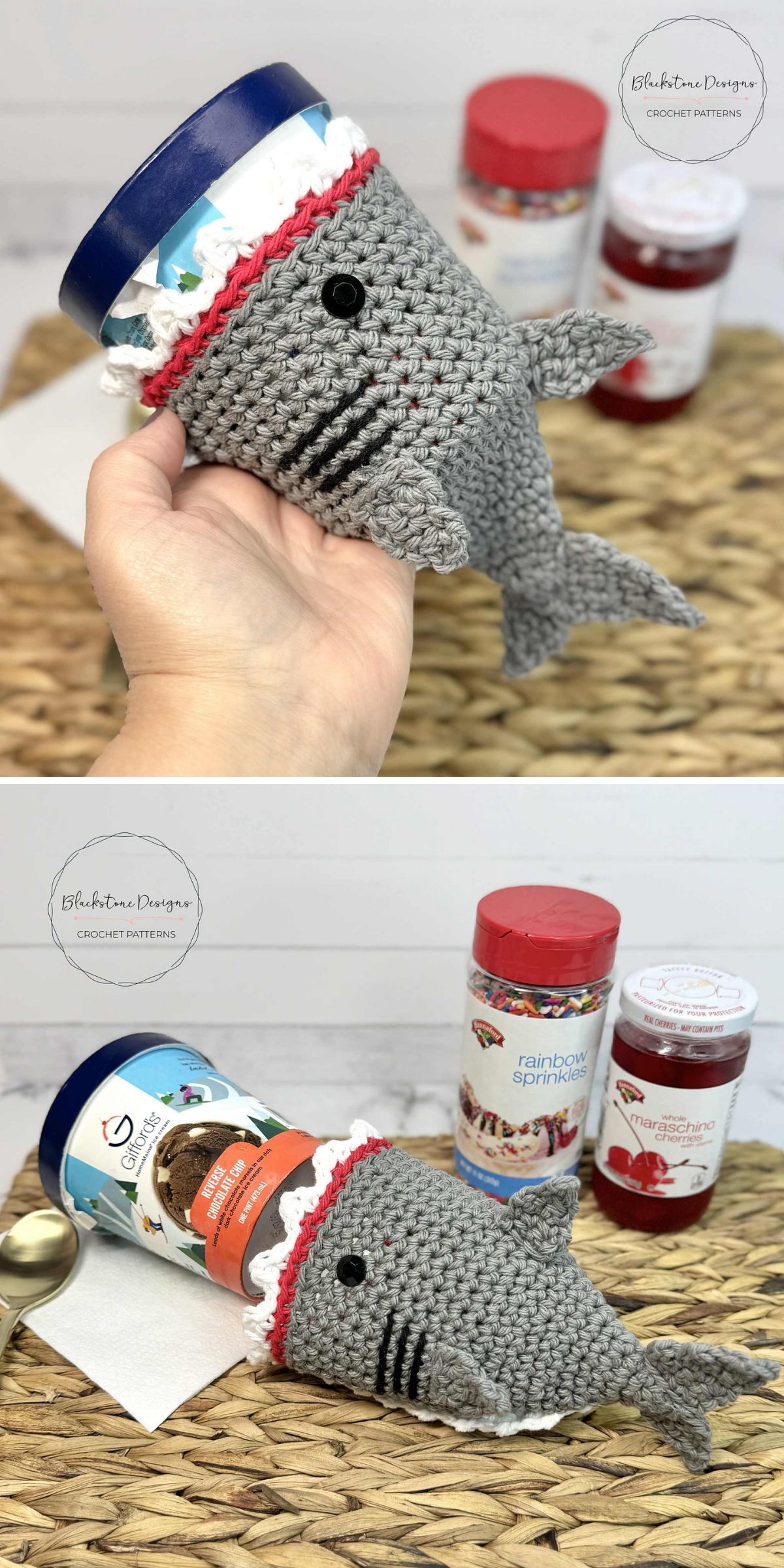 A crochet cozy in the shape of a shark is featured in two images — one image shows the cozy snugly holding an ice cream pint, while the other displays it alongside jars of sprinkles and jam.