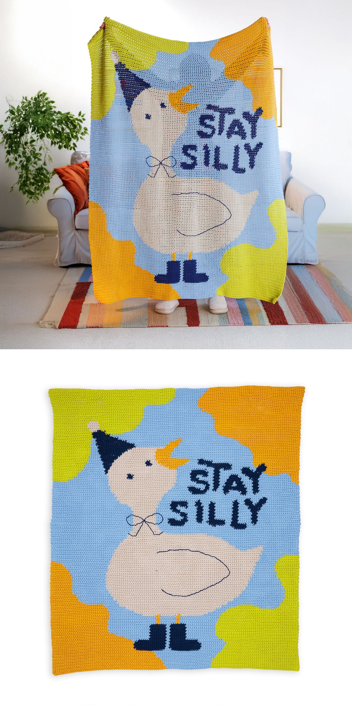 A crochet animal blanket featuring a cartoon duck wearing a party hat and boots, with the words “STAY SILLY” on a blue, yellow, and green background.