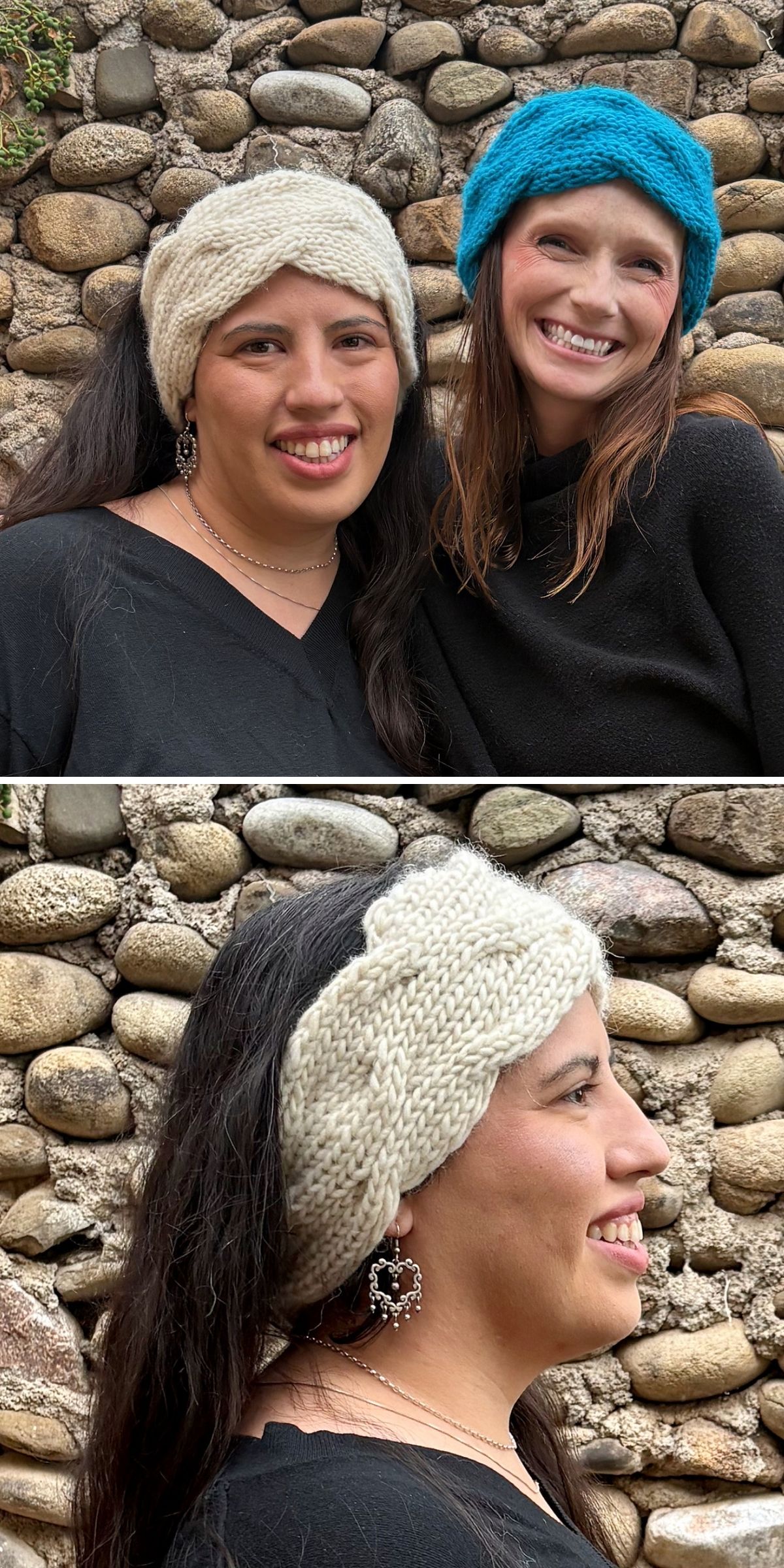 Two women pose in front of a stone wall, one wearing a cozy white knitted headband and the other in a blue knitted beanie. The second image offers a side view of the woman showcasing the elegant details of her knitted headband.