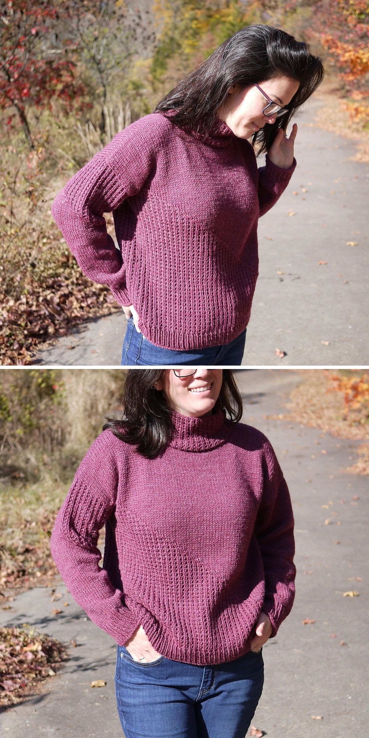 A person wearing glasses and a cozy knit sweater stands outdoors on a sunny day, surrounded by vibrant autumn foliage.