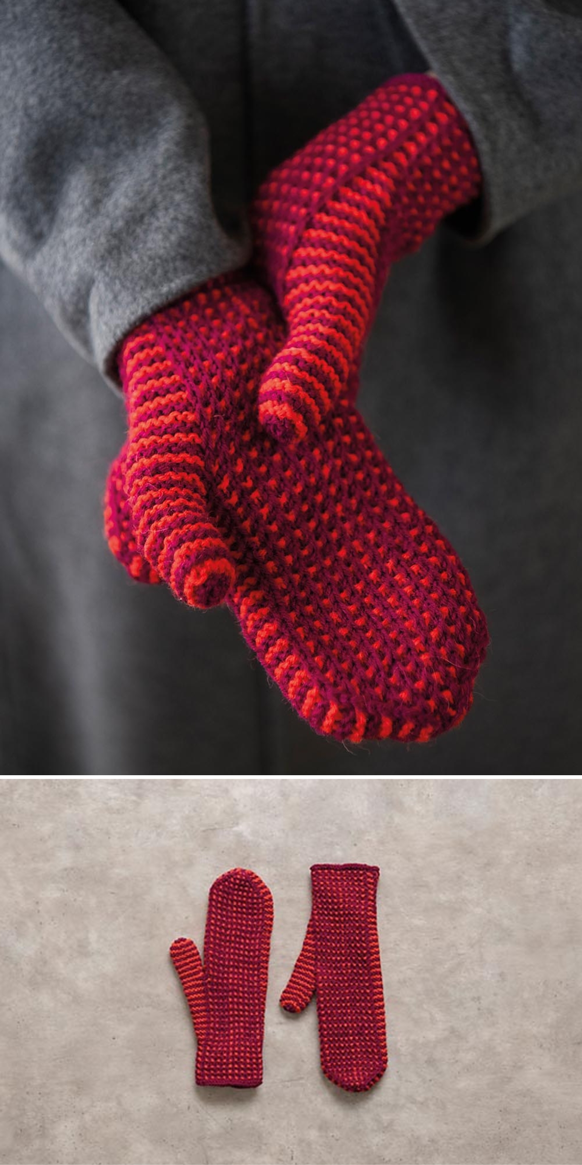Person wearing red and purple knitted mitten; second image shows the mittens laid flat on a light surface, revealing textured stitch pattern and thumb details.