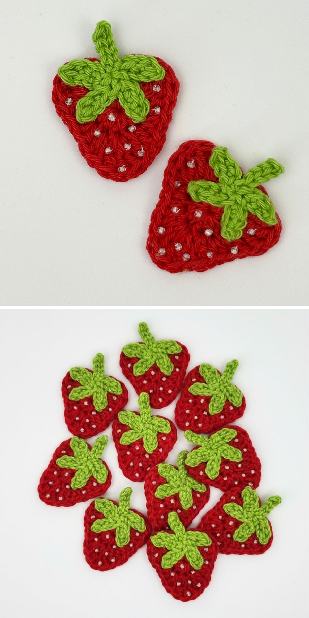 Two images show crochet strawberry appliques with green tops and white dots, arranged in pairs in the first image and in a group of ten crochet strawberries in the second image on a white background.