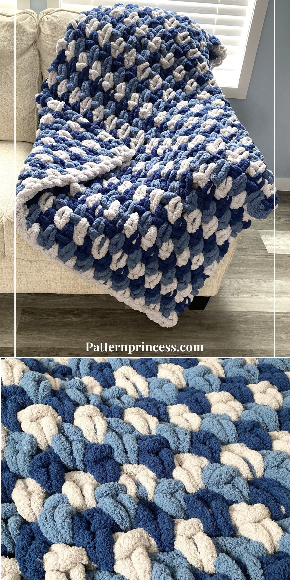 A crochet chunky blanket in blue and beige tones is draped over a light-colored sofa, with a close-up showing the thick, textured stitches.