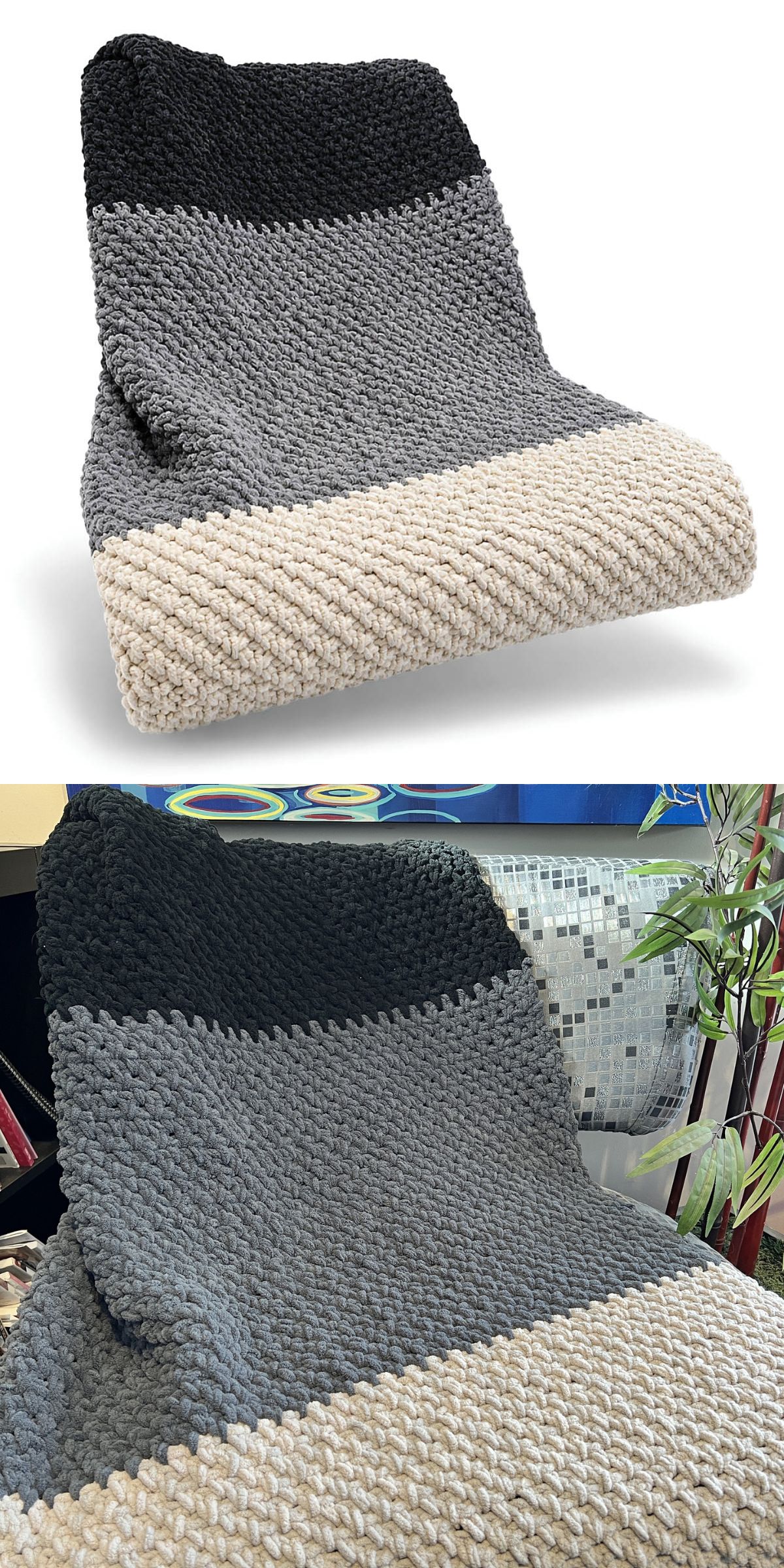 A crochet chunky blanket with horizontal stripes in black, gray, and cream is draped over a surface.