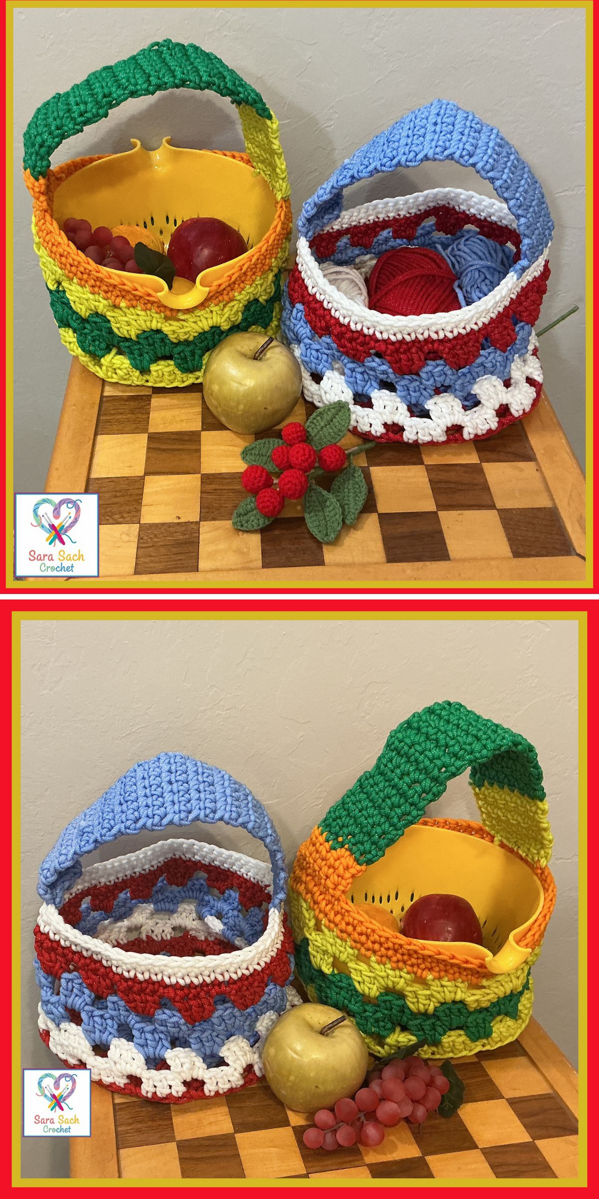 Two crochet baskets, one yellow with green and orange trim, and one white with blue and red trim, hold apples, yarn balls, and grapes as they are displayed on a wooden chessboard.
