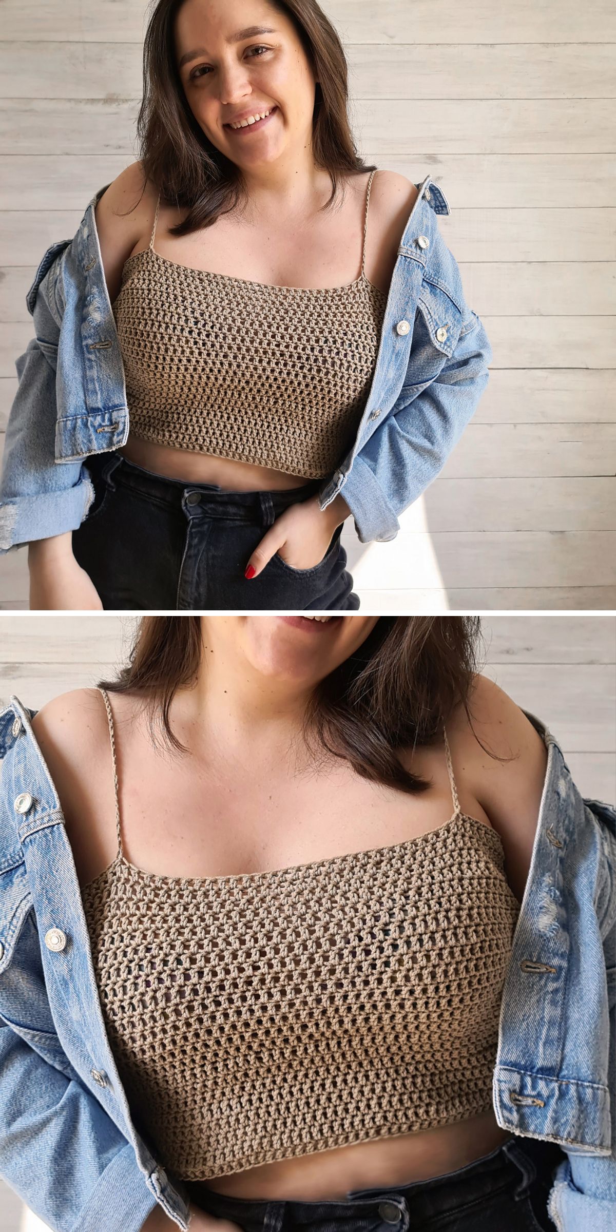 A person in a brown crochet tank top, black jeans, and a blue denim jacket, smiling in the first photo and posing close-up in the second.
