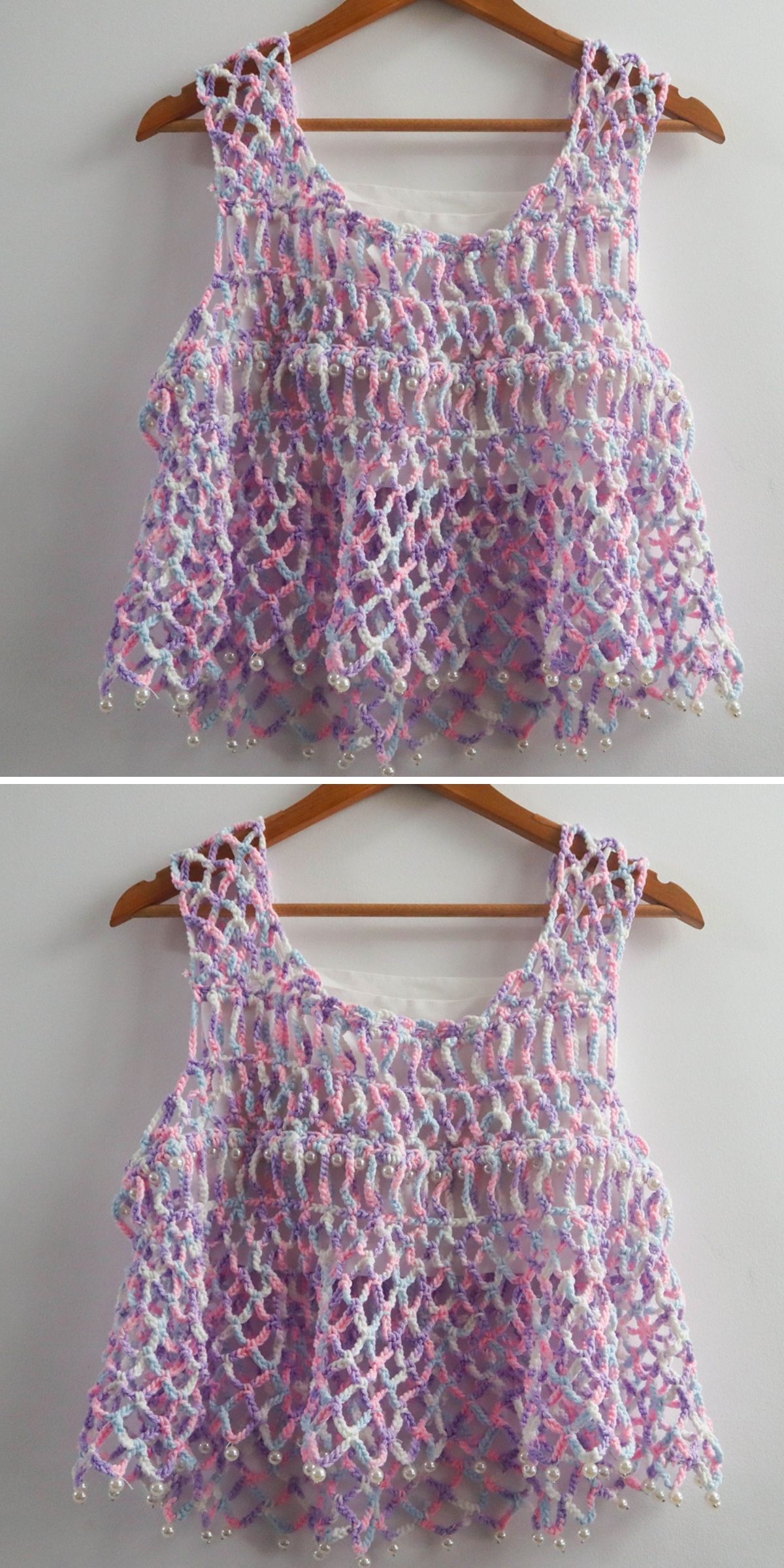 A sleeveless, pastel-colored crochet tank top with an open, net-like pattern and a loose fit, displayed on a wooden hanger against a white background.