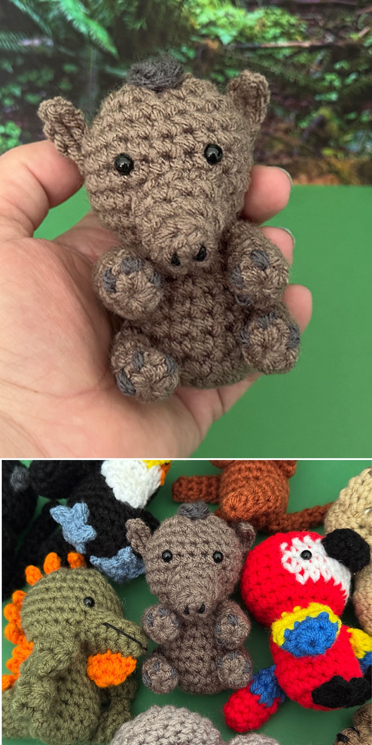 A hand holds a small, crocheted anteater. Below, the same crochet animal is surrounded by other crocheted animal figures on a green surface with a leafy background.