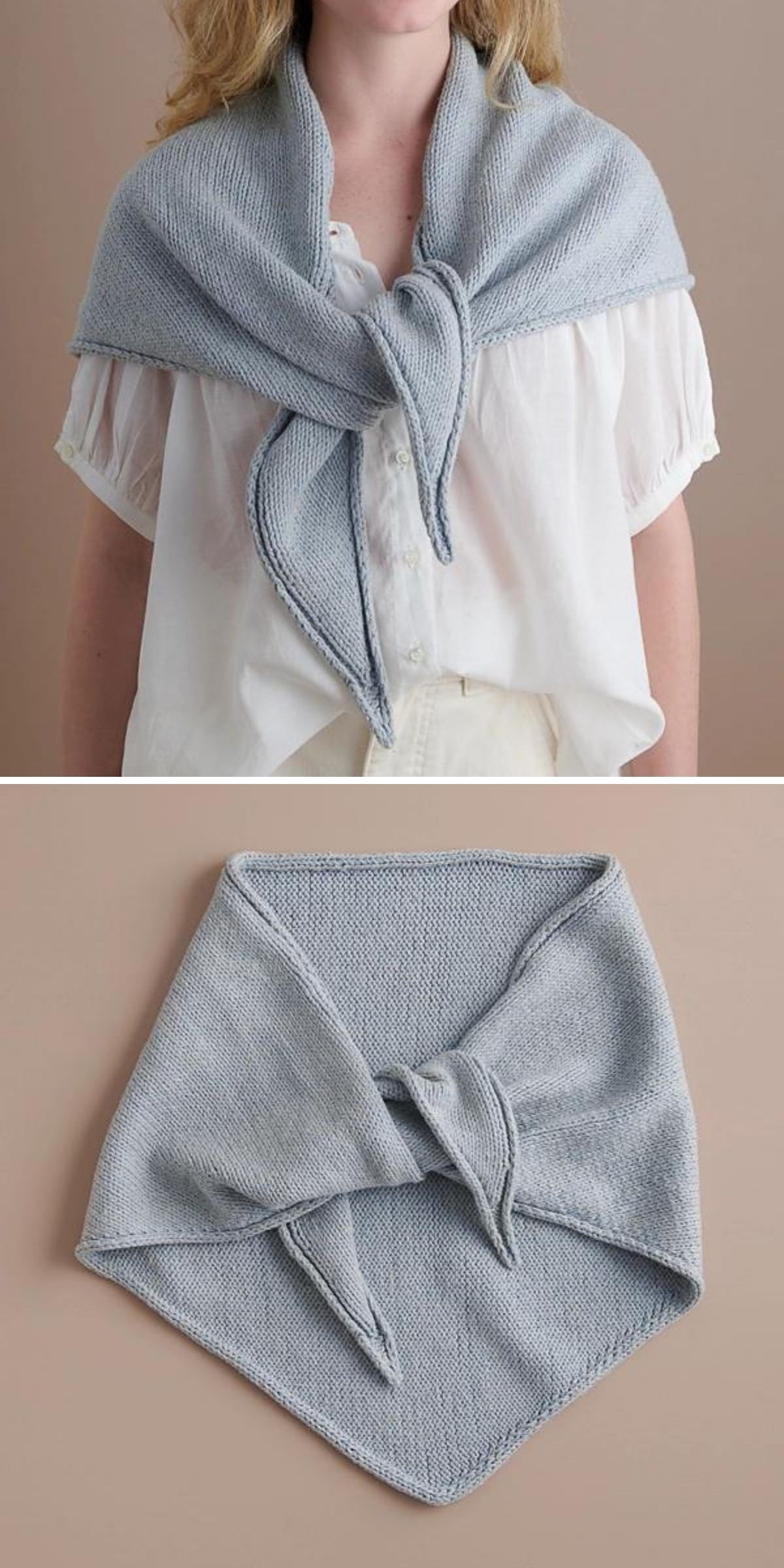 A person wears a light blue knit shawl tied at the front; below, the same knit shawl is shown flat, displaying its triangular shape and long pointed ends.