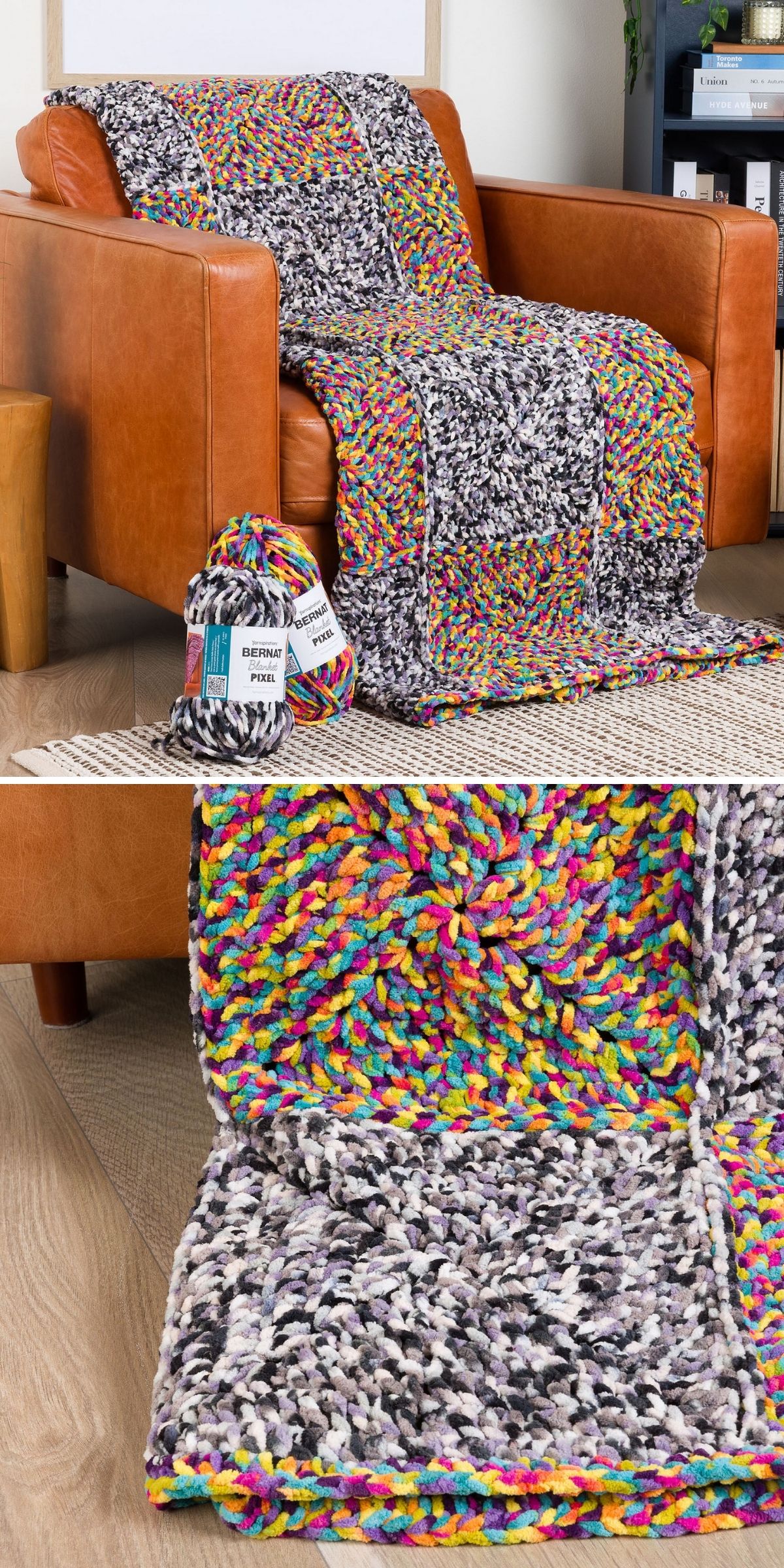 A colorful crochet chunky blanket draped over a brown leather armchair, with two skeins of multicolored yarn placed nearby on a woven rug.