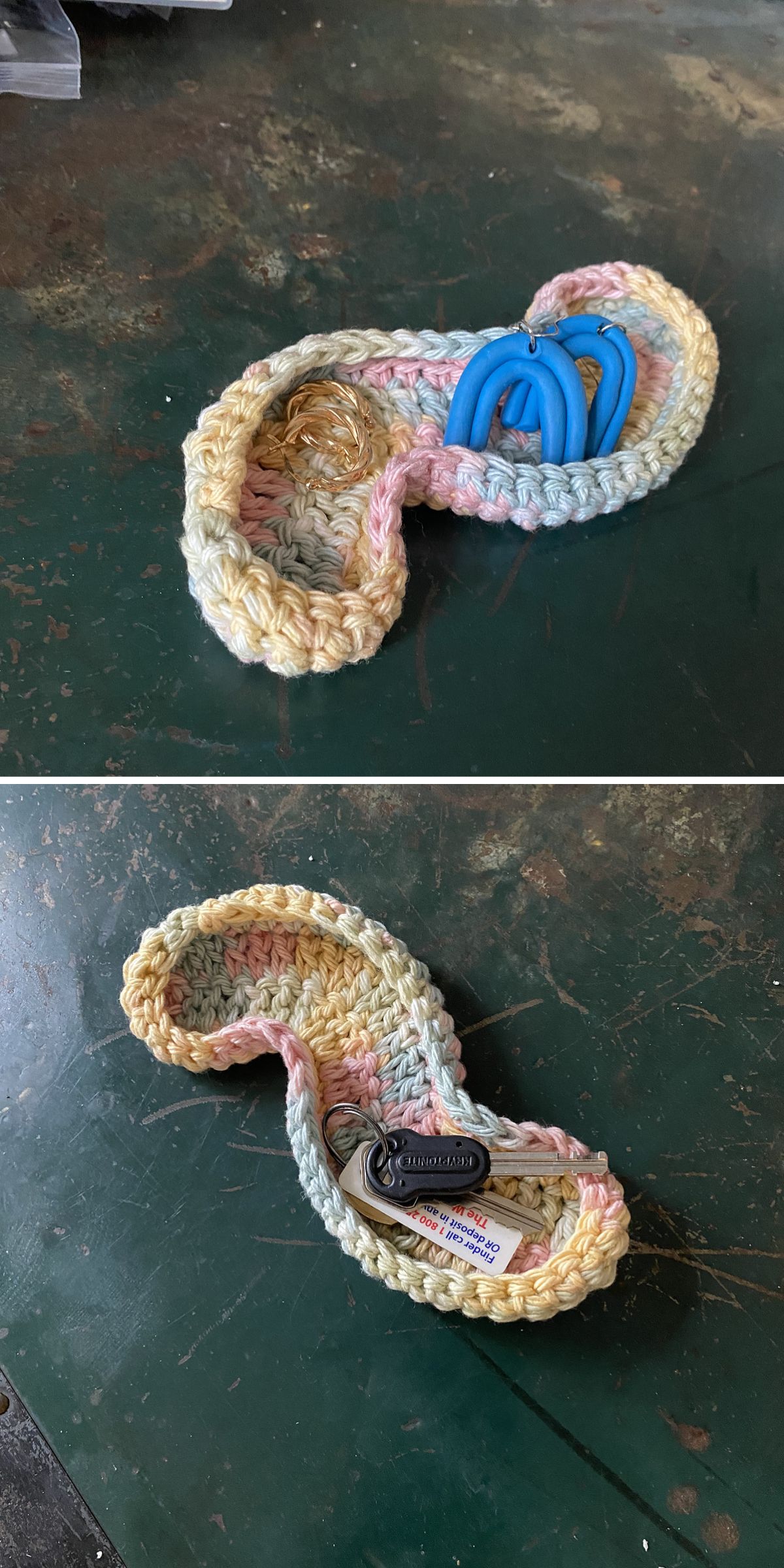 Two images show a small, multicolored crochet tray on a green surface; the basket holds a few metal key rings and blue plastic clips.