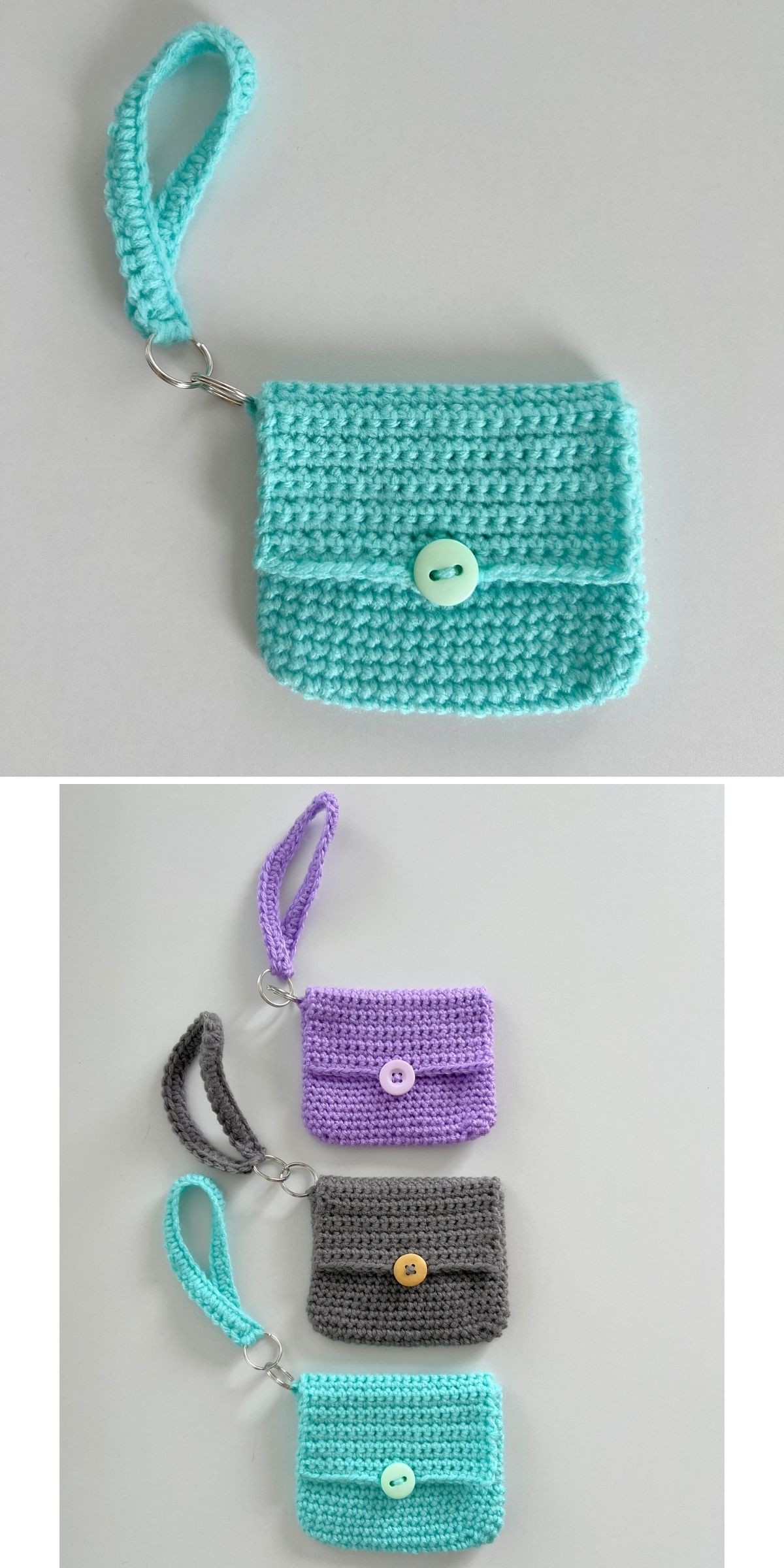 Four small crocheted wristlet pouches with buttons in light blue, purple, and gray, displayed on a light background—each handmade piece is perfect as a crochet wallet to keep your essentials organized in style.